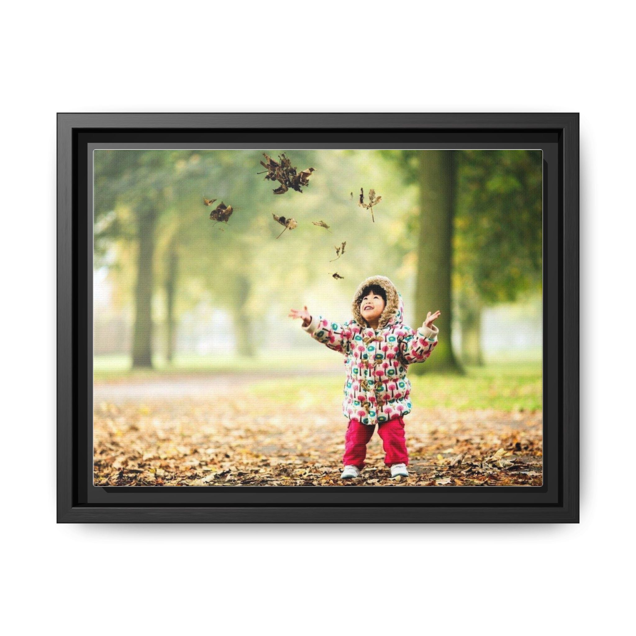 Framed Matte Canvas Photo Print — Autumn Child Playing in Leaves