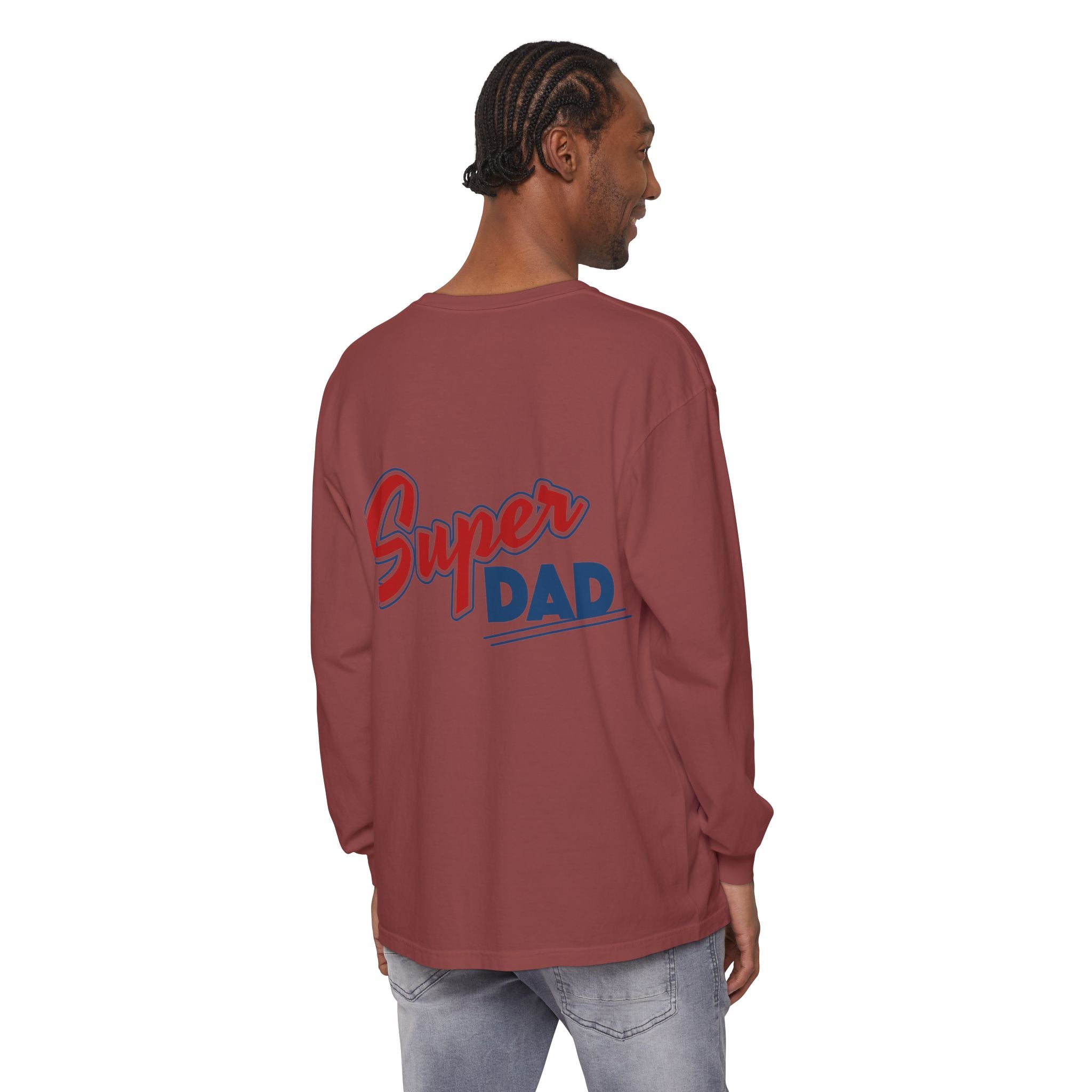 #1 Dad Foam Finger Long Sleeve Shirt — "Super Dad" Back Graphic