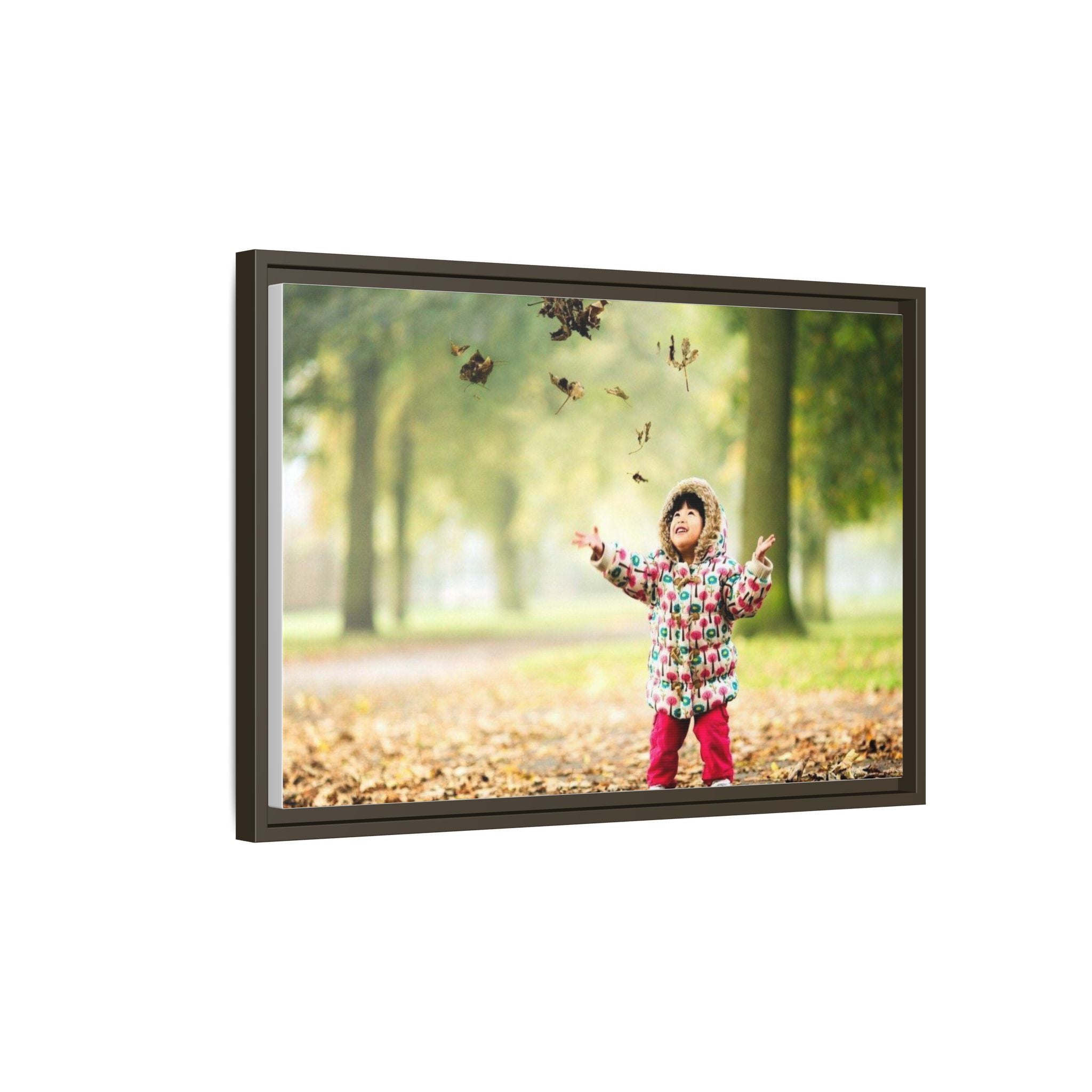 Framed Matte Canvas Photo Print — Autumn Child Playing in Leaves