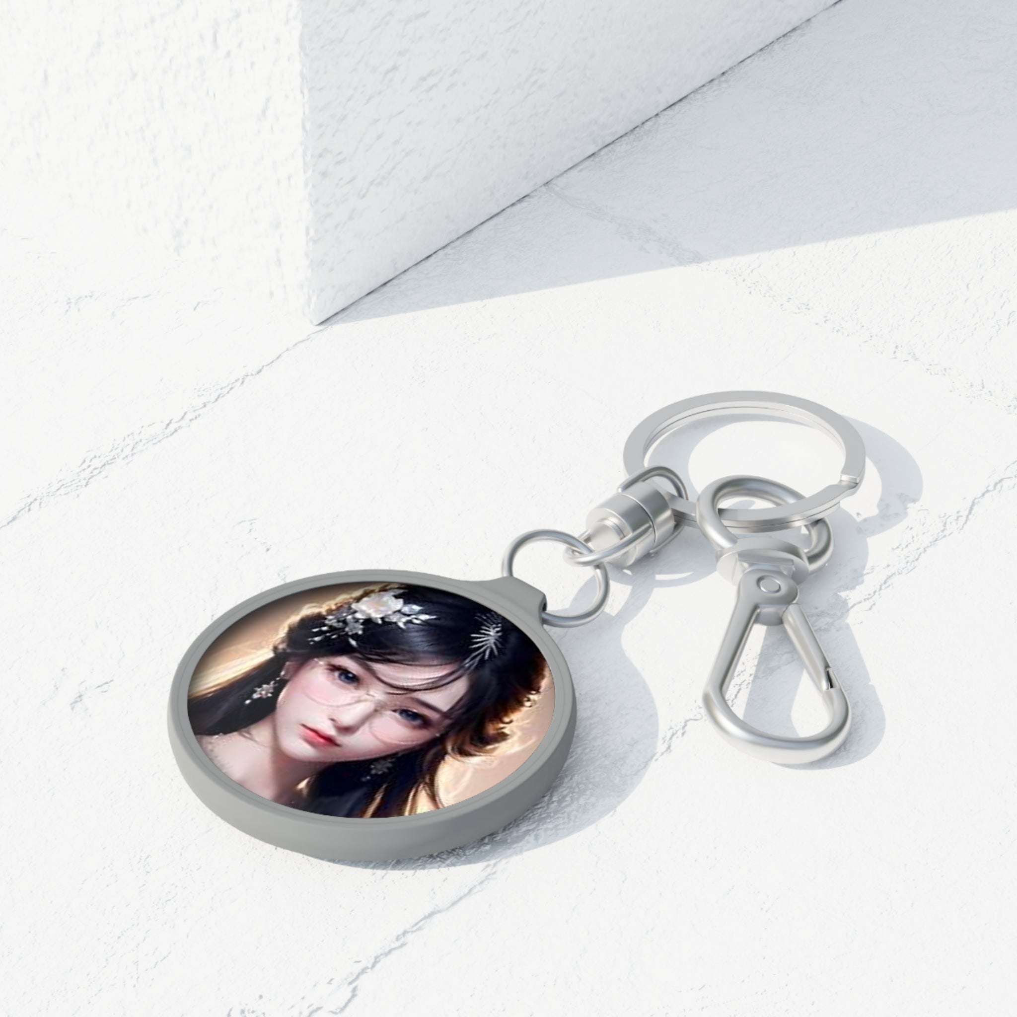 Anime Girl Portrait Keyring Tag — Elegant Asian Fantasy Charm Keychain