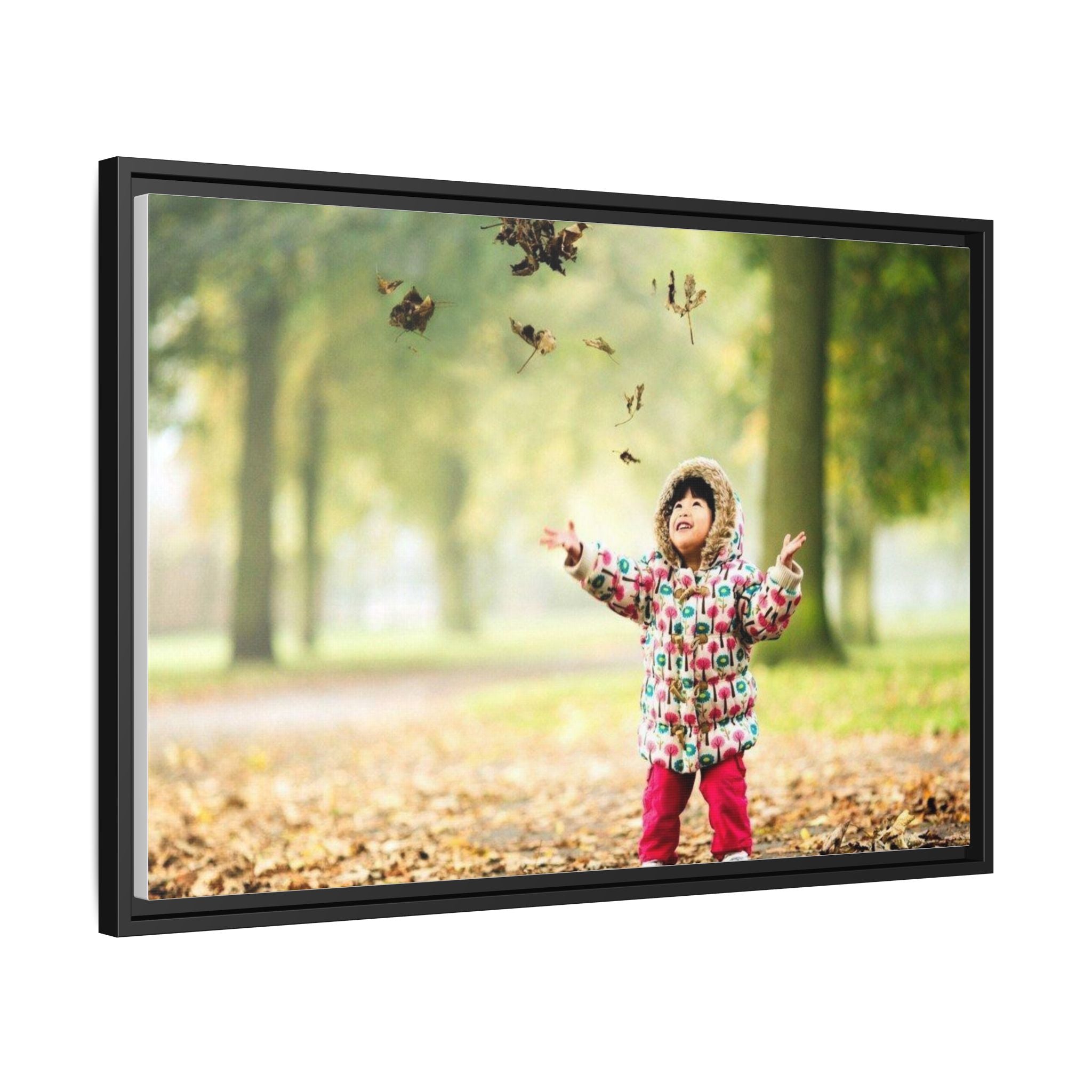 Framed Matte Canvas Photo Print — Autumn Child Playing in Leaves