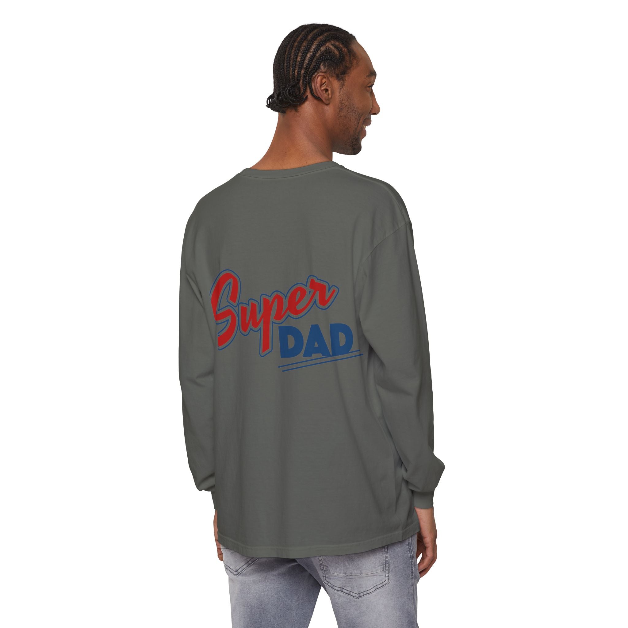 #1 Dad Foam Finger Long Sleeve Shirt — "Super Dad" Back Graphic
