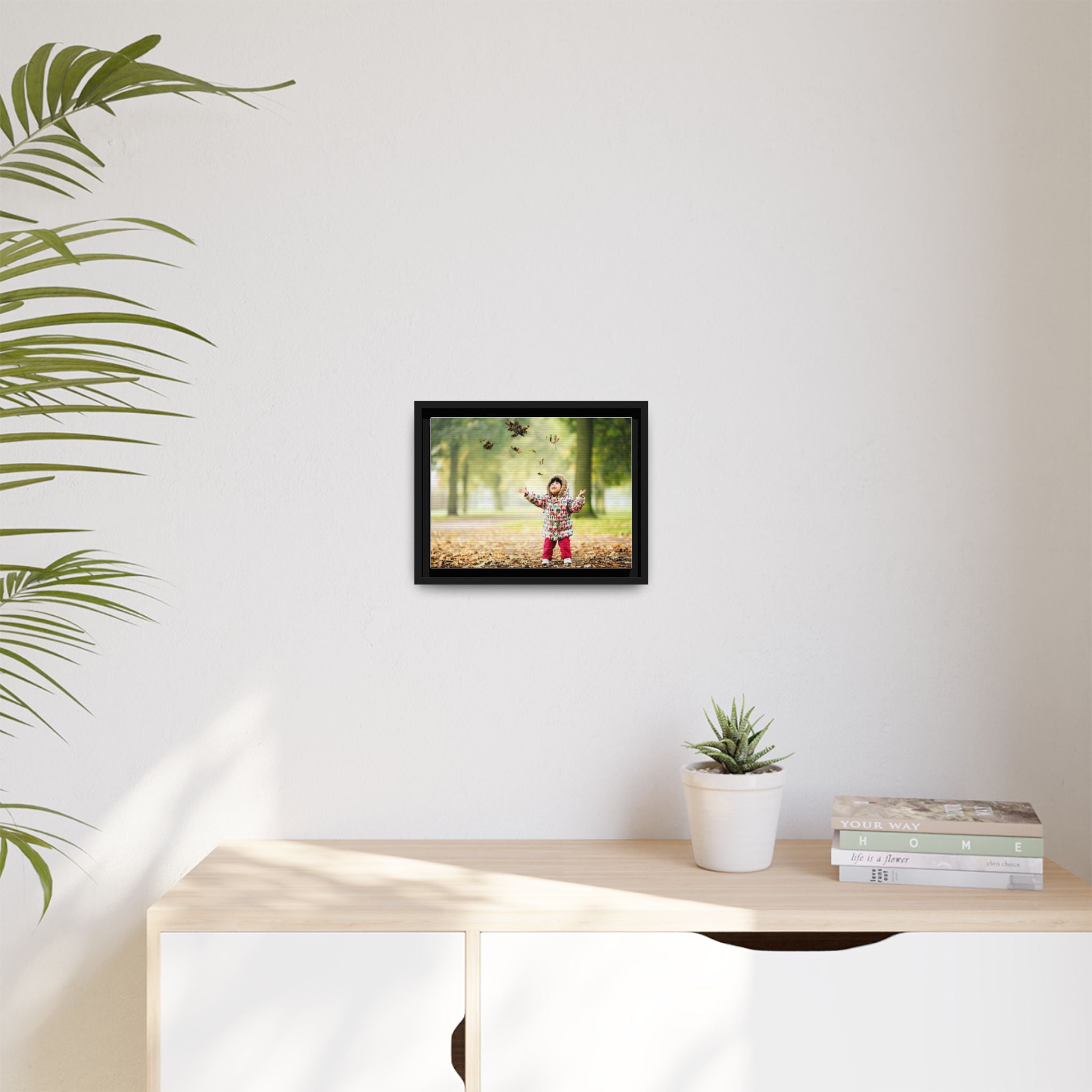 Framed Matte Canvas Photo Print — Autumn Child Playing in Leaves