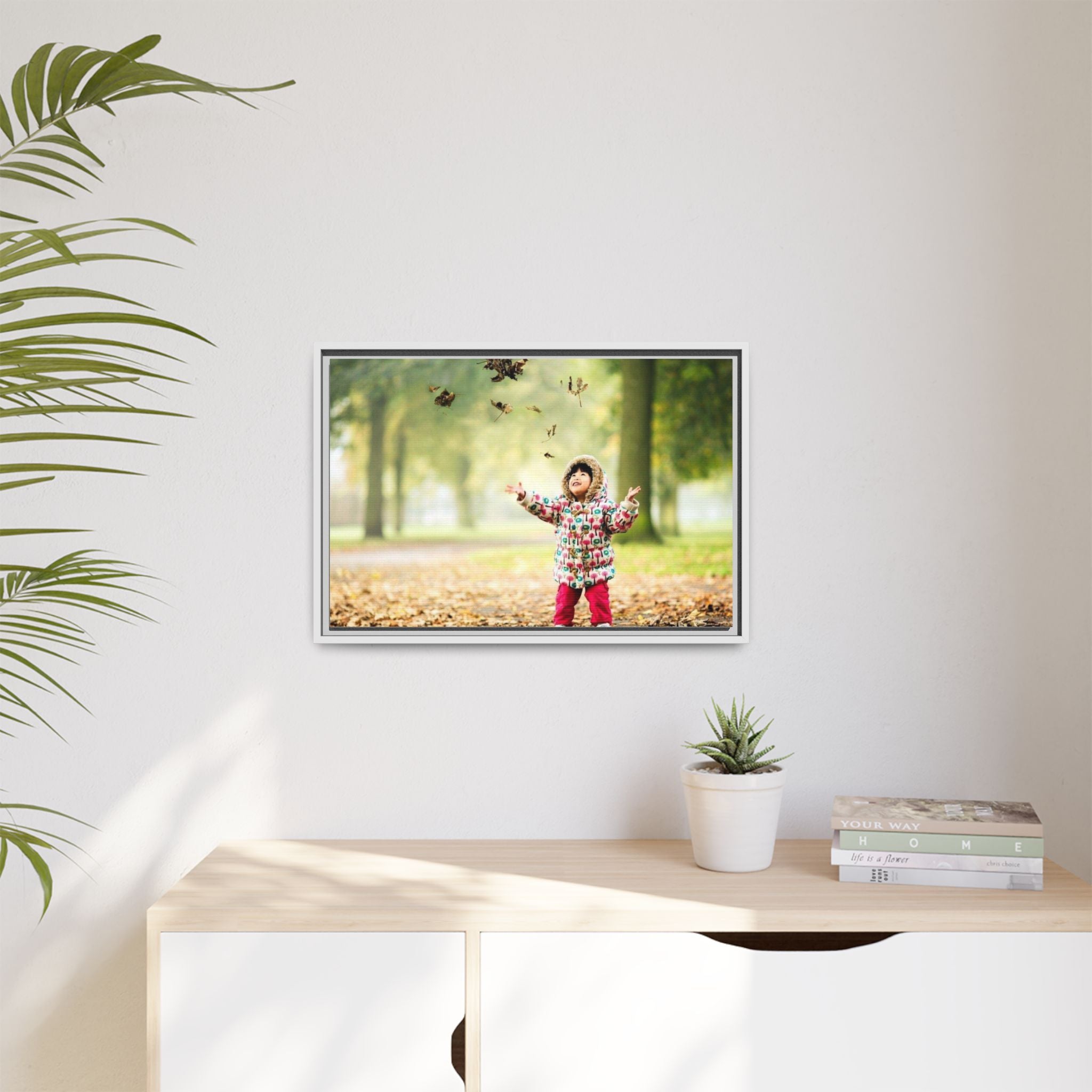 Framed Matte Canvas Photo Print — Autumn Child Playing in Leaves