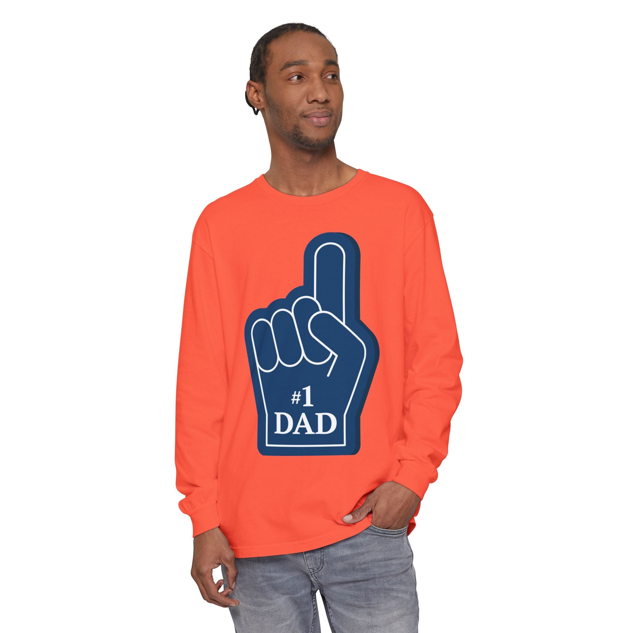 #1 Dad Foam Finger Long Sleeve Shirt — "Super Dad" Back Graphic
