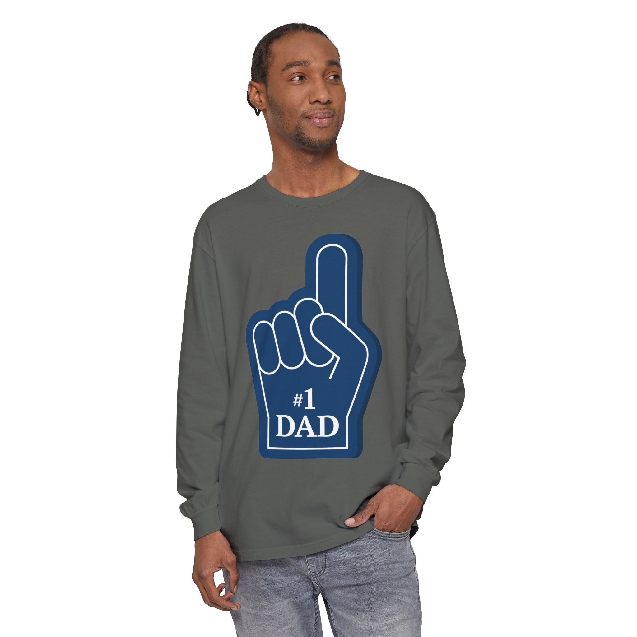 #1 Dad Foam Finger Long Sleeve Shirt — "Super Dad" Back Graphic