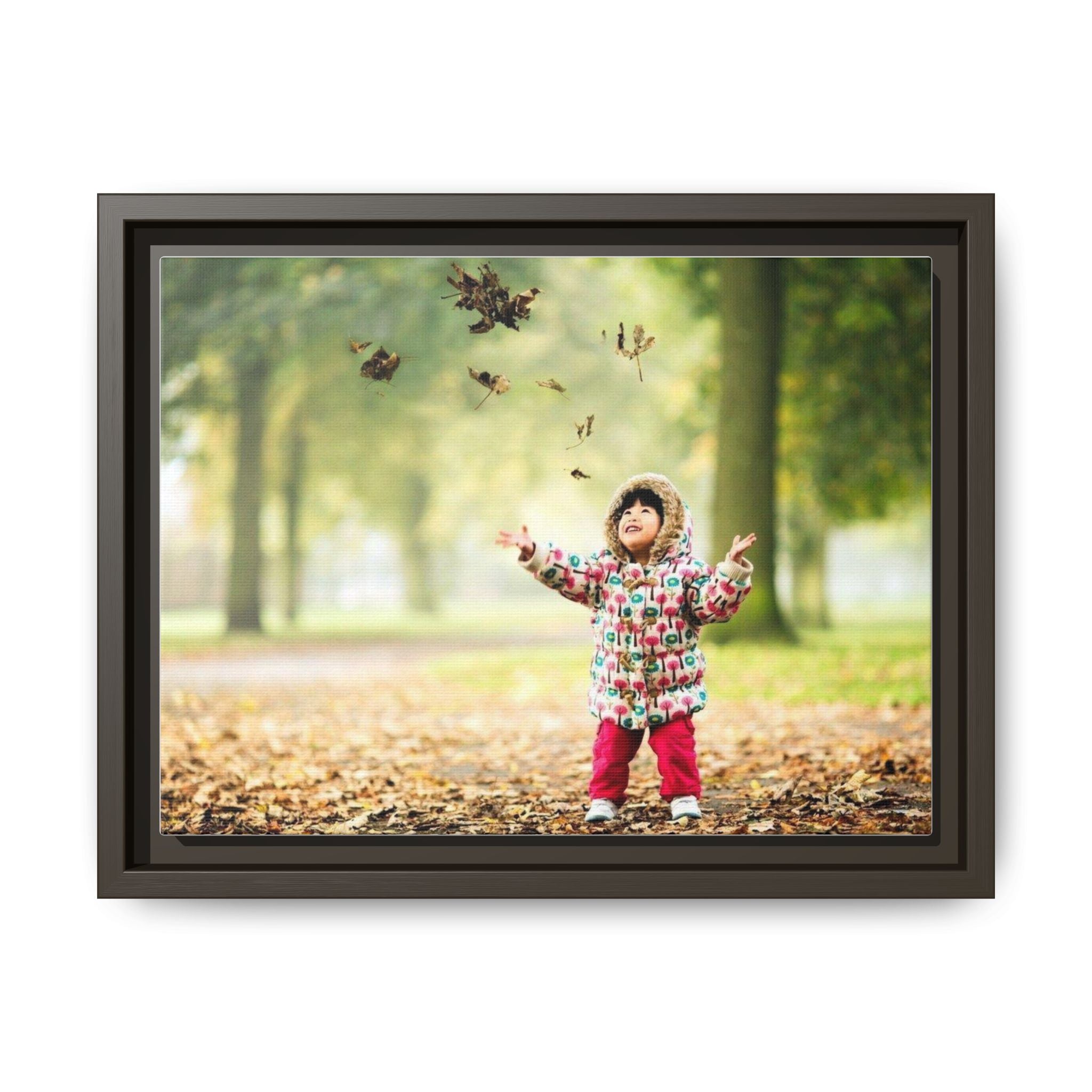 Framed Matte Canvas Photo Print — Autumn Child Playing in Leaves