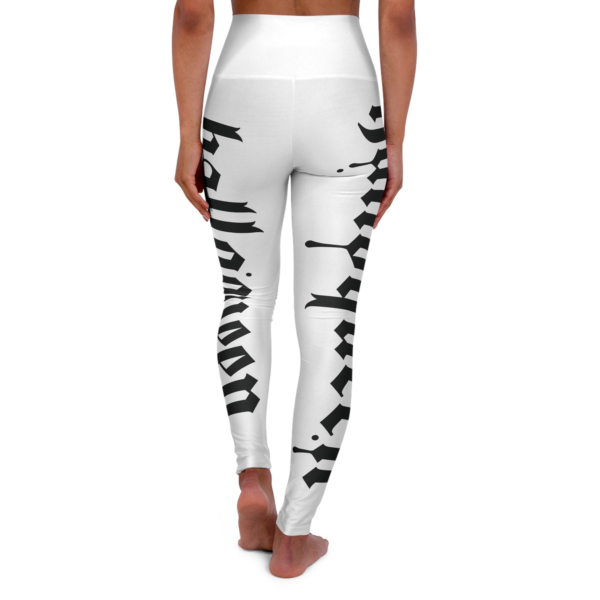White High-Waisted Leggings with Black Gothic Script Side Print — Yoga & Activewear