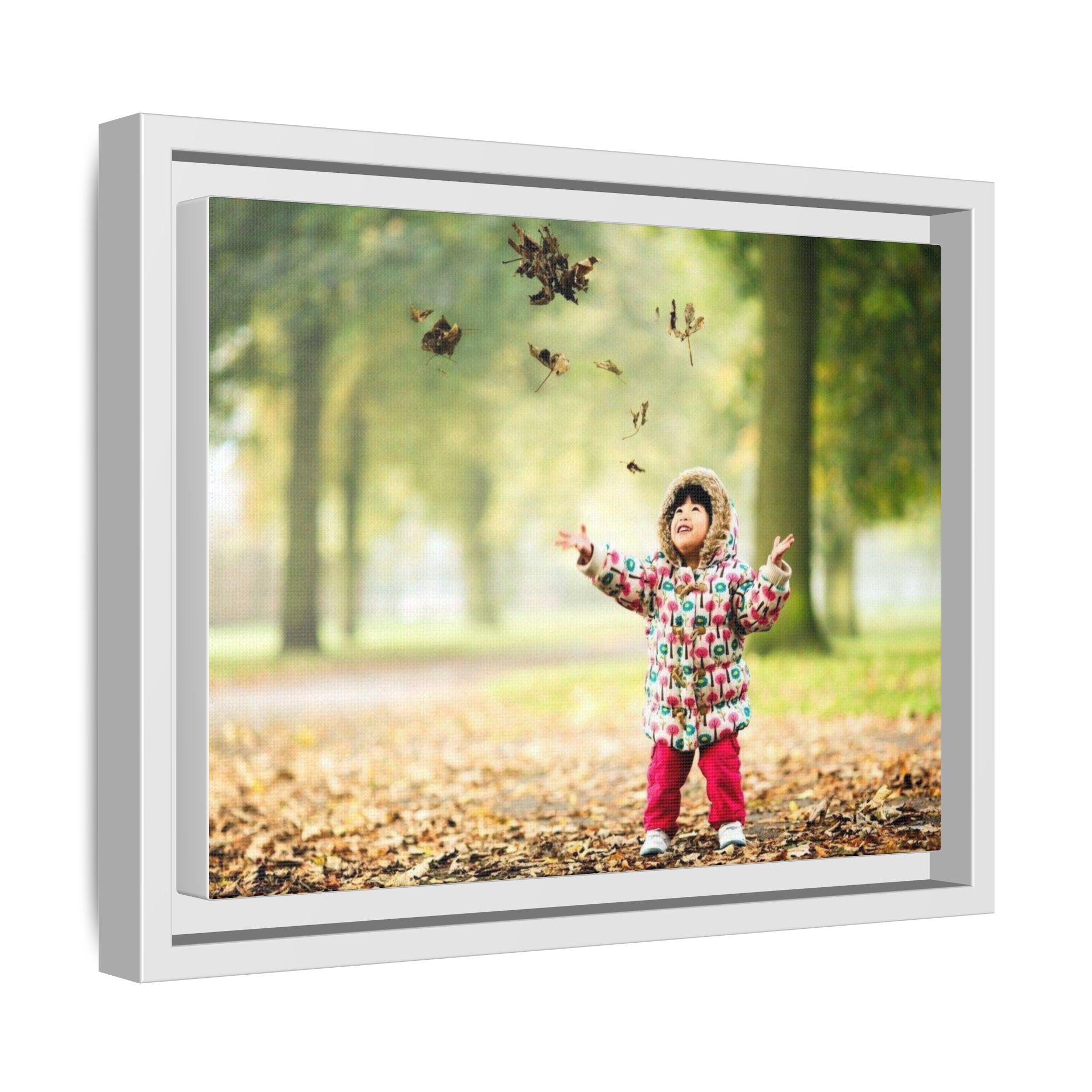 Framed Matte Canvas Photo Print — Autumn Child Playing in Leaves