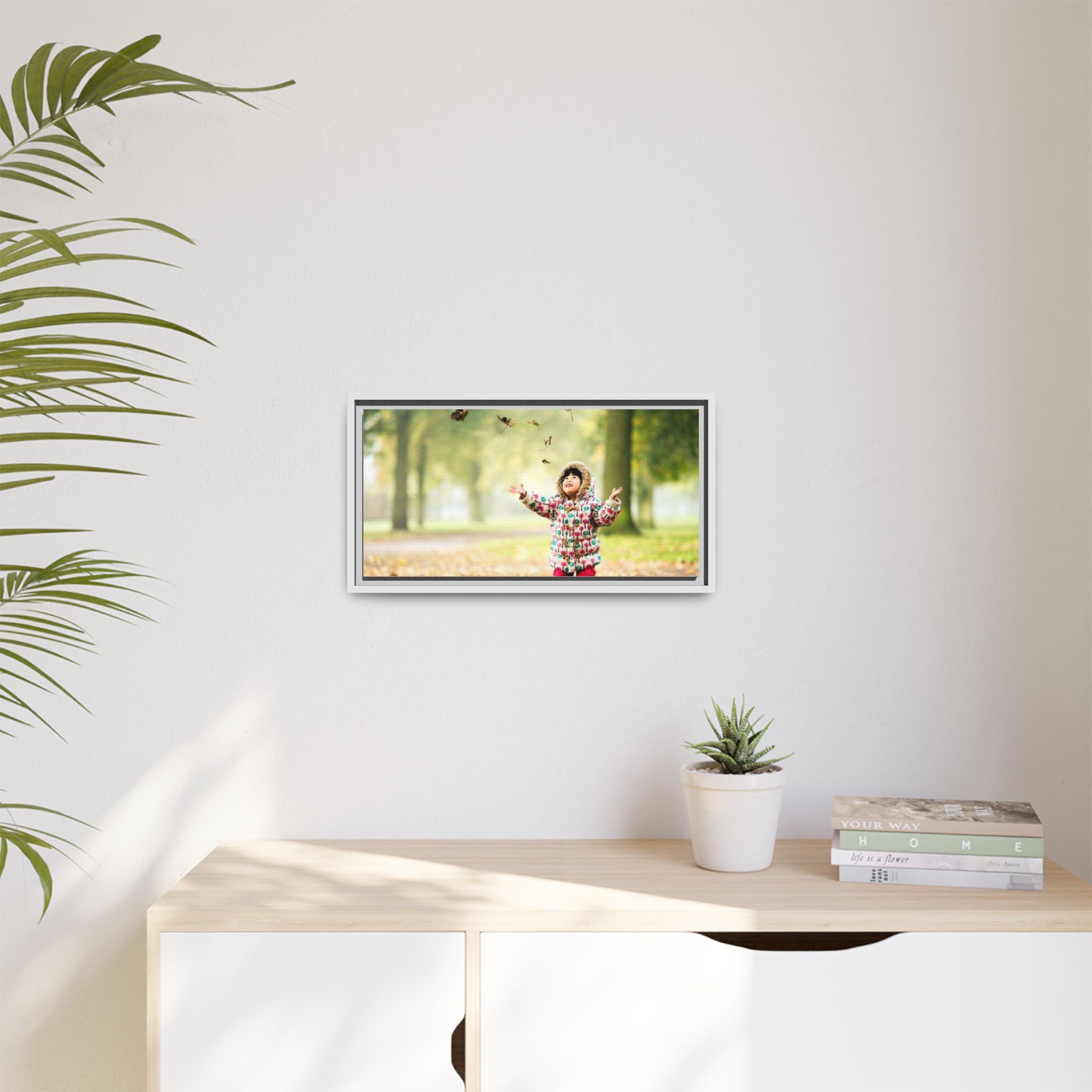 Framed Matte Canvas Photo Print — Autumn Child Playing in Leaves
