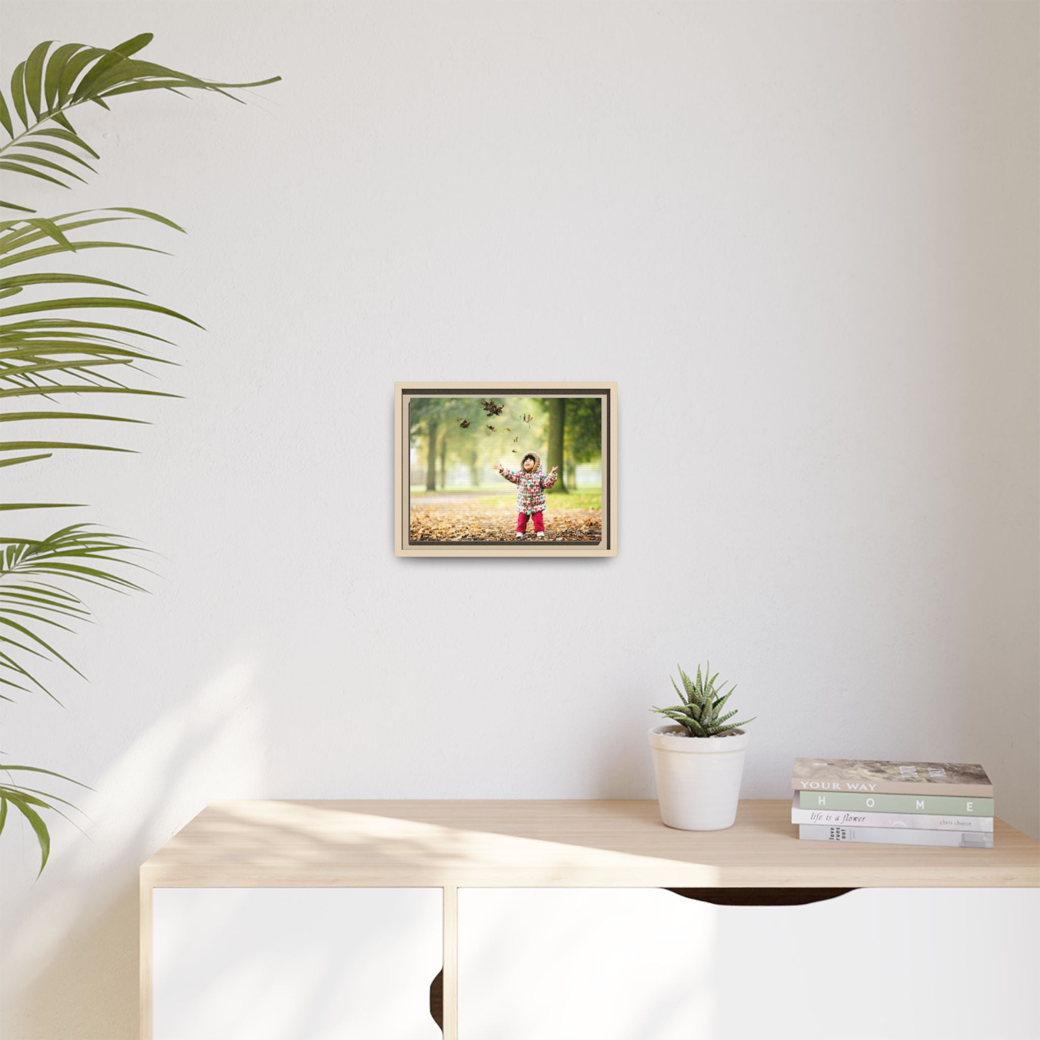 Framed Matte Canvas Photo Print — Autumn Child Playing in Leaves