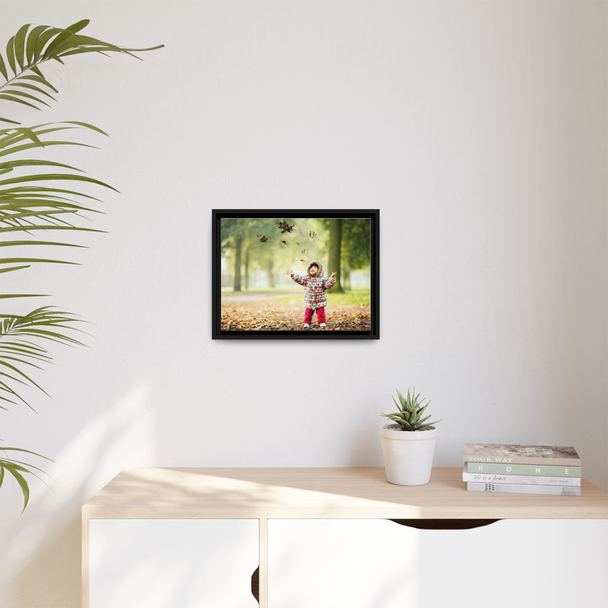 Framed Matte Canvas Photo Print — Autumn Child Playing in Leaves