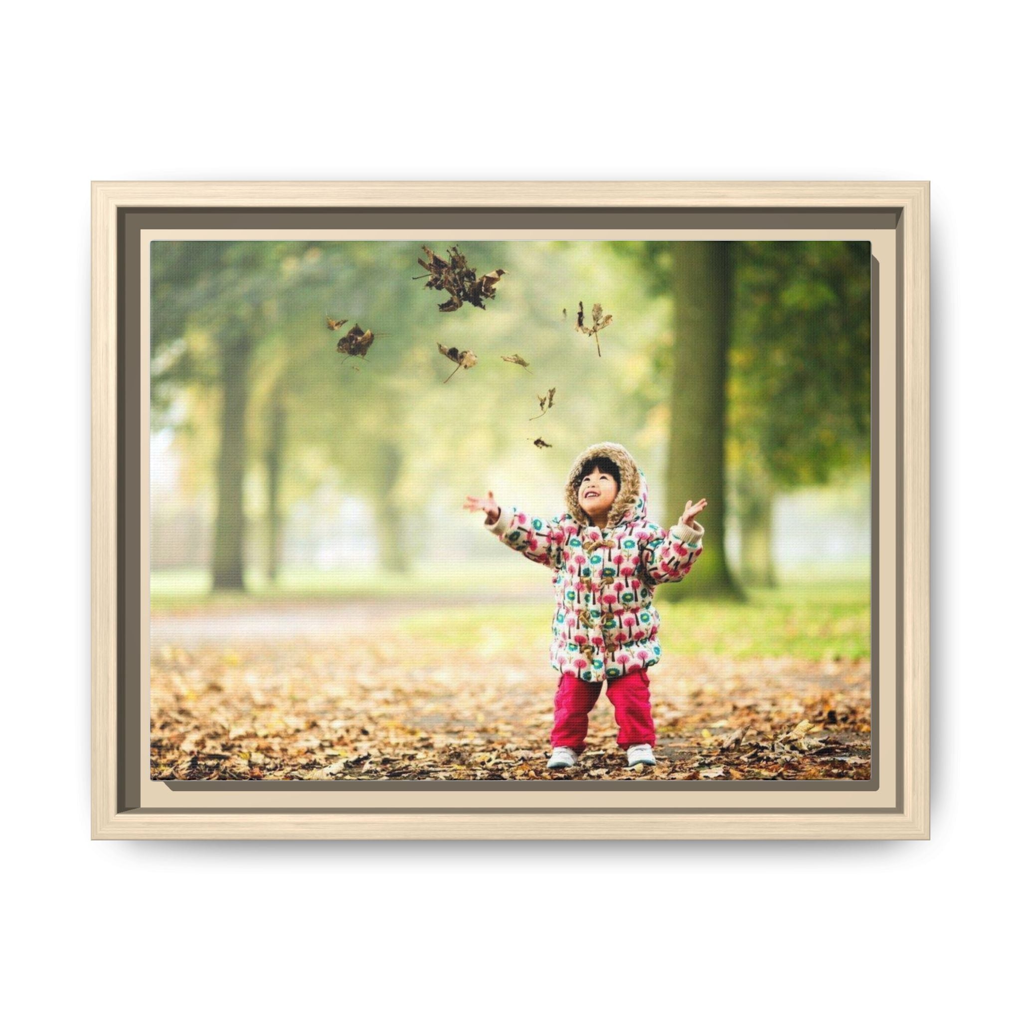 Framed Matte Canvas Photo Print — Autumn Child Playing in Leaves