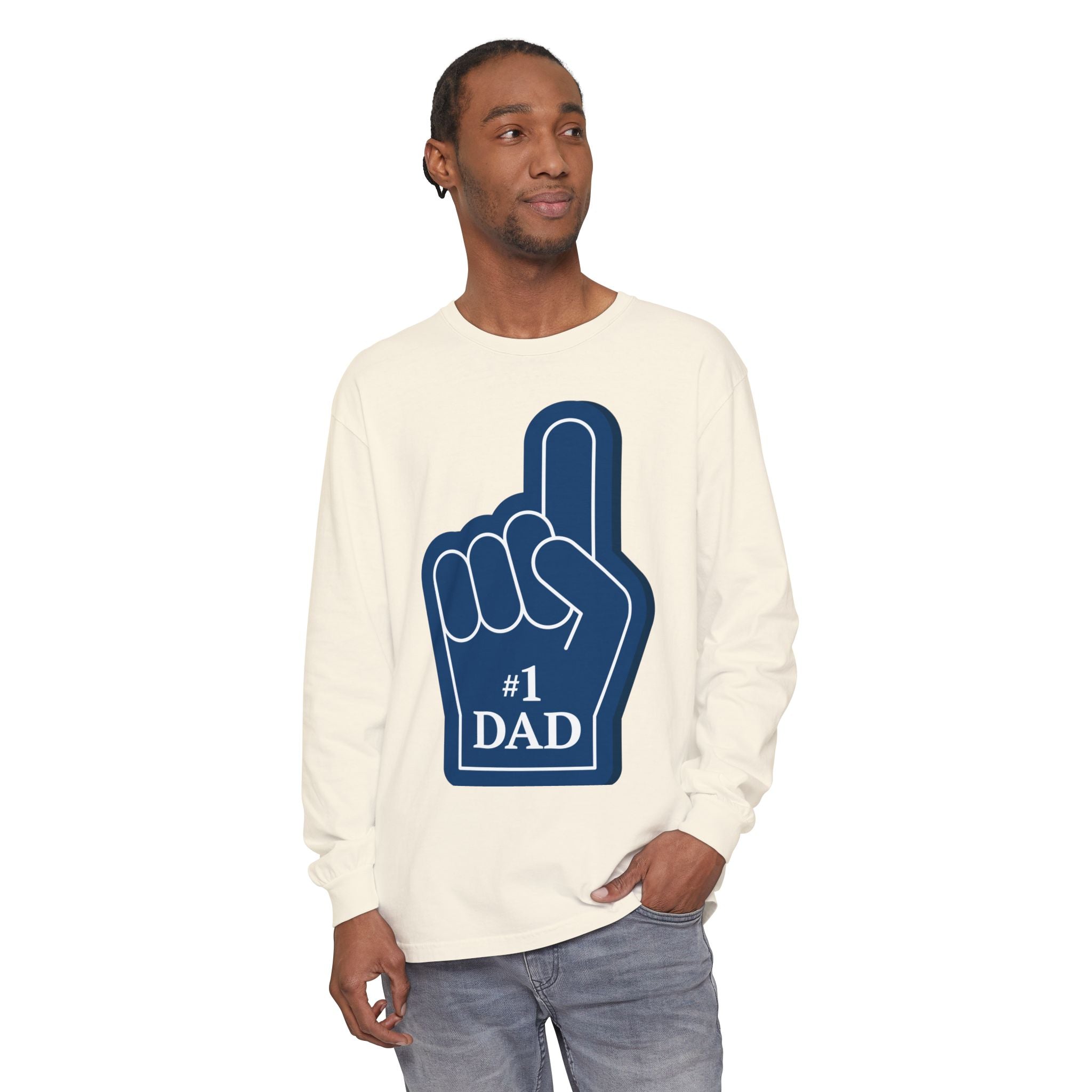 #1 Dad Foam Finger Long Sleeve Shirt — "Super Dad" Back Graphic