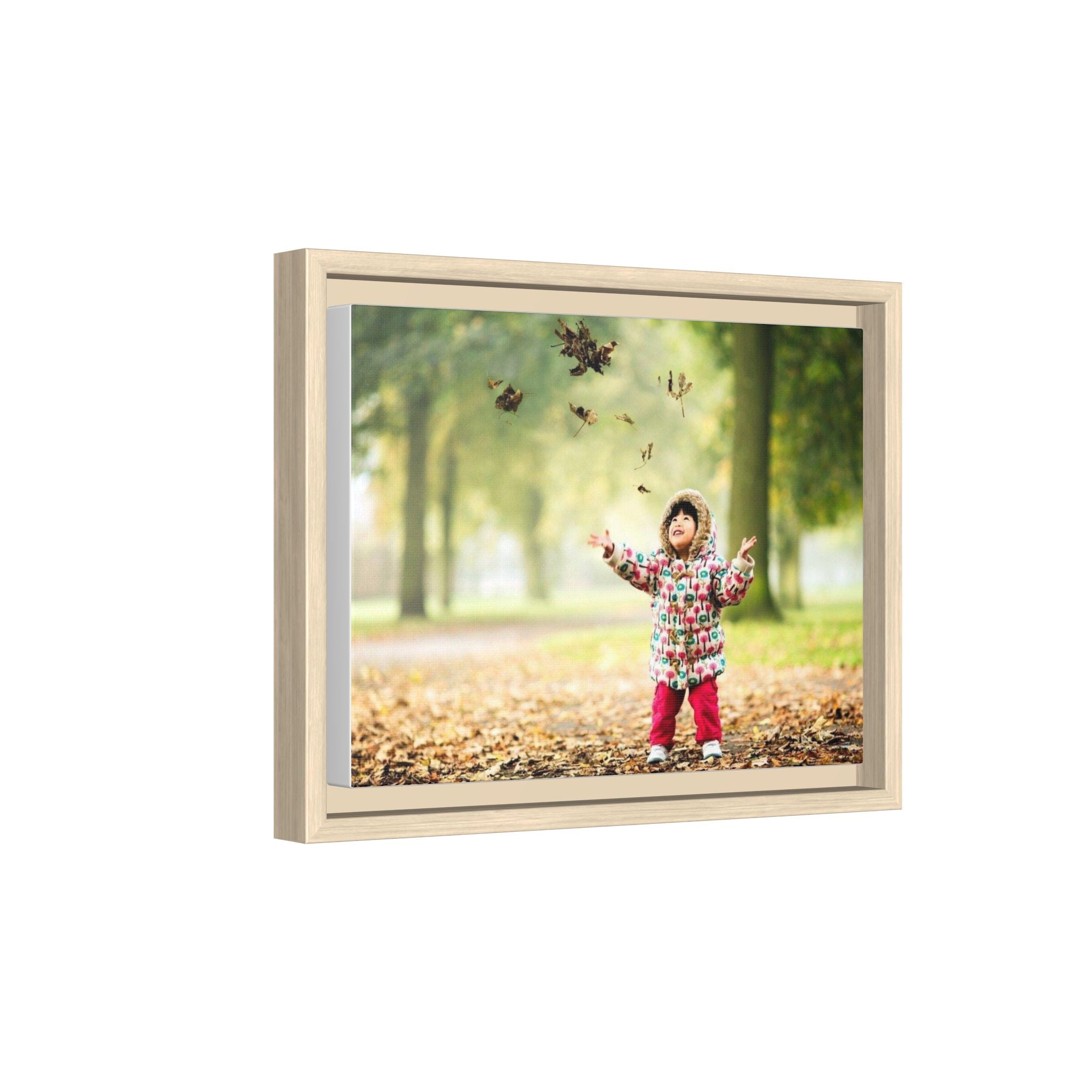 Framed Matte Canvas Photo Print — Autumn Child Playing in Leaves