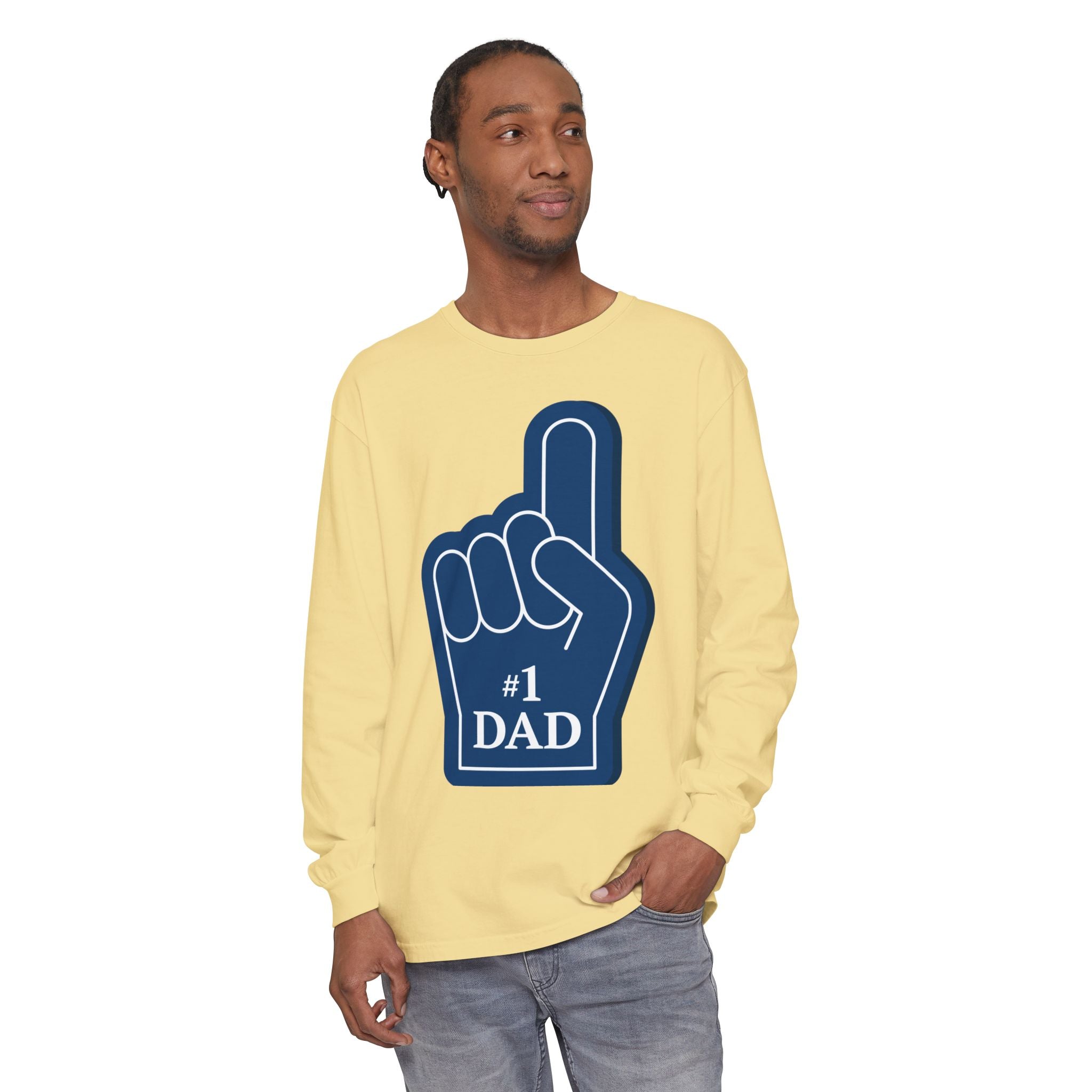 #1 Dad Foam Finger Long Sleeve Shirt — "Super Dad" Back Graphic