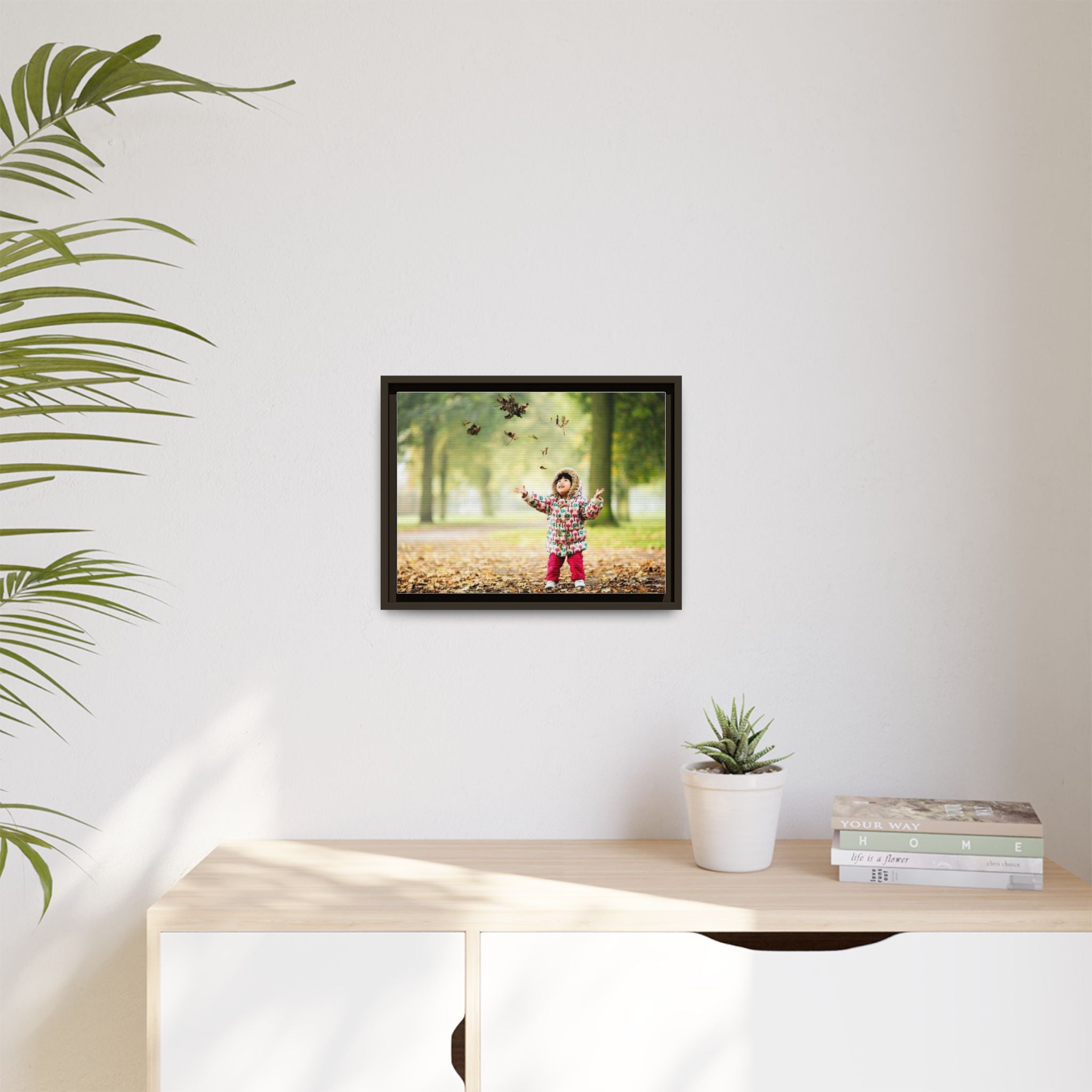 Framed Matte Canvas Photo Print — Autumn Child Playing in Leaves