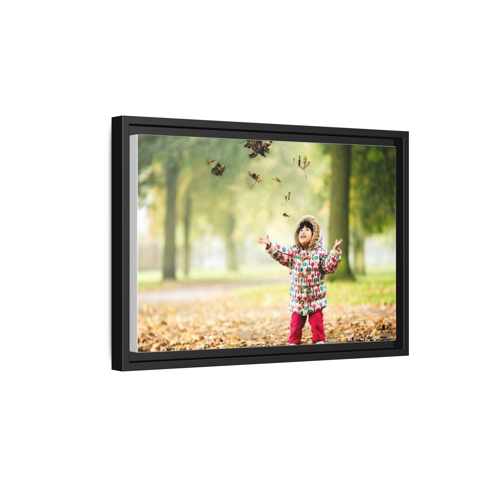 Framed Matte Canvas Photo Print — Autumn Child Playing in Leaves