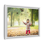 Framed Matte Canvas Photo Print — Autumn Child Playing in Leaves