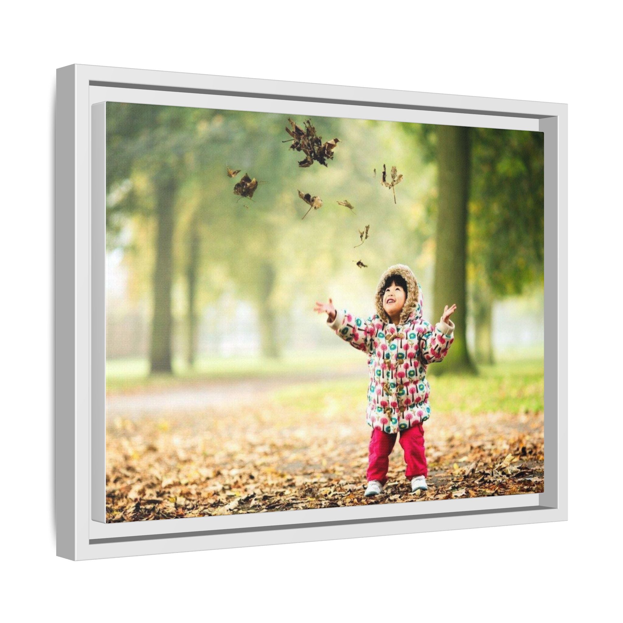 Framed Matte Canvas Photo Print — Autumn Child Playing in Leaves