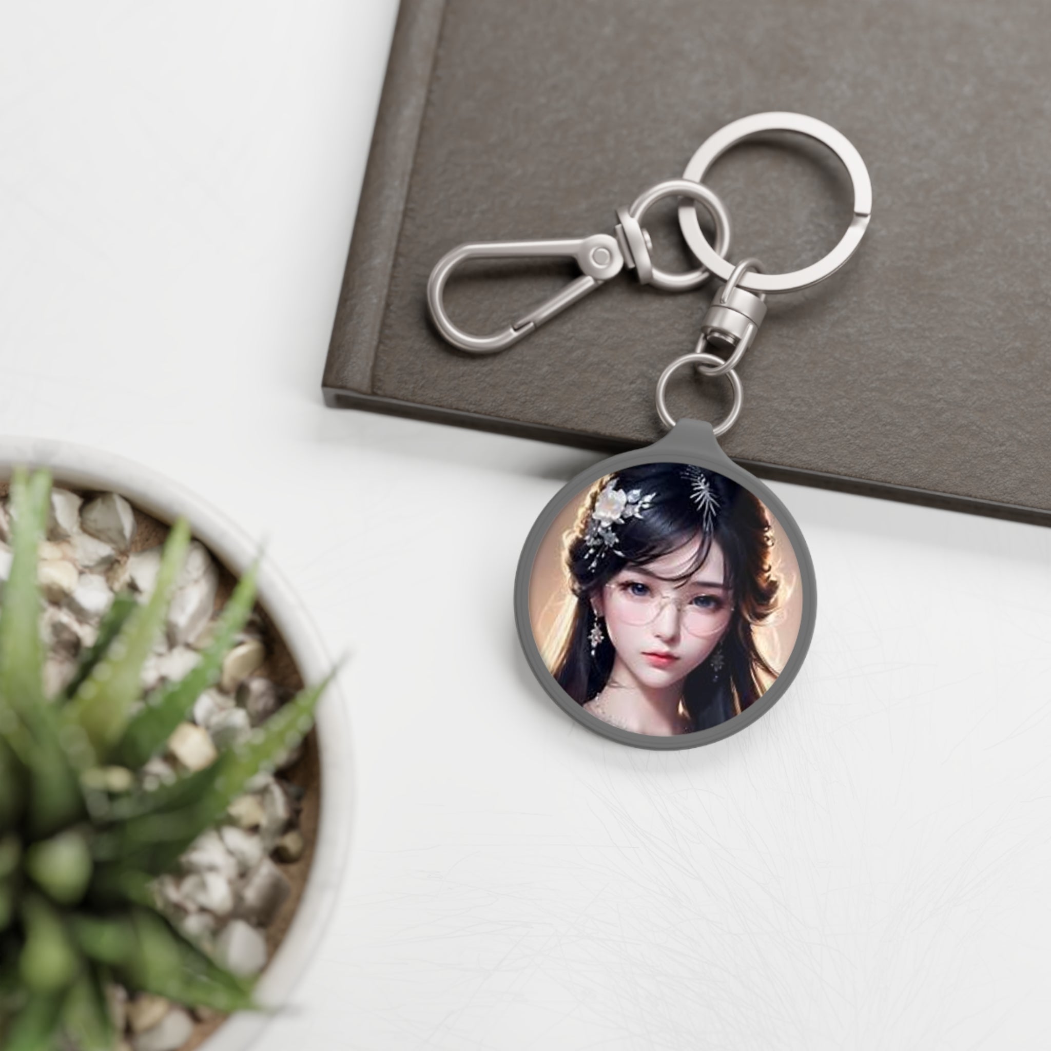 Anime Girl Portrait Keyring Tag — Elegant Asian Fantasy Charm Keychain
