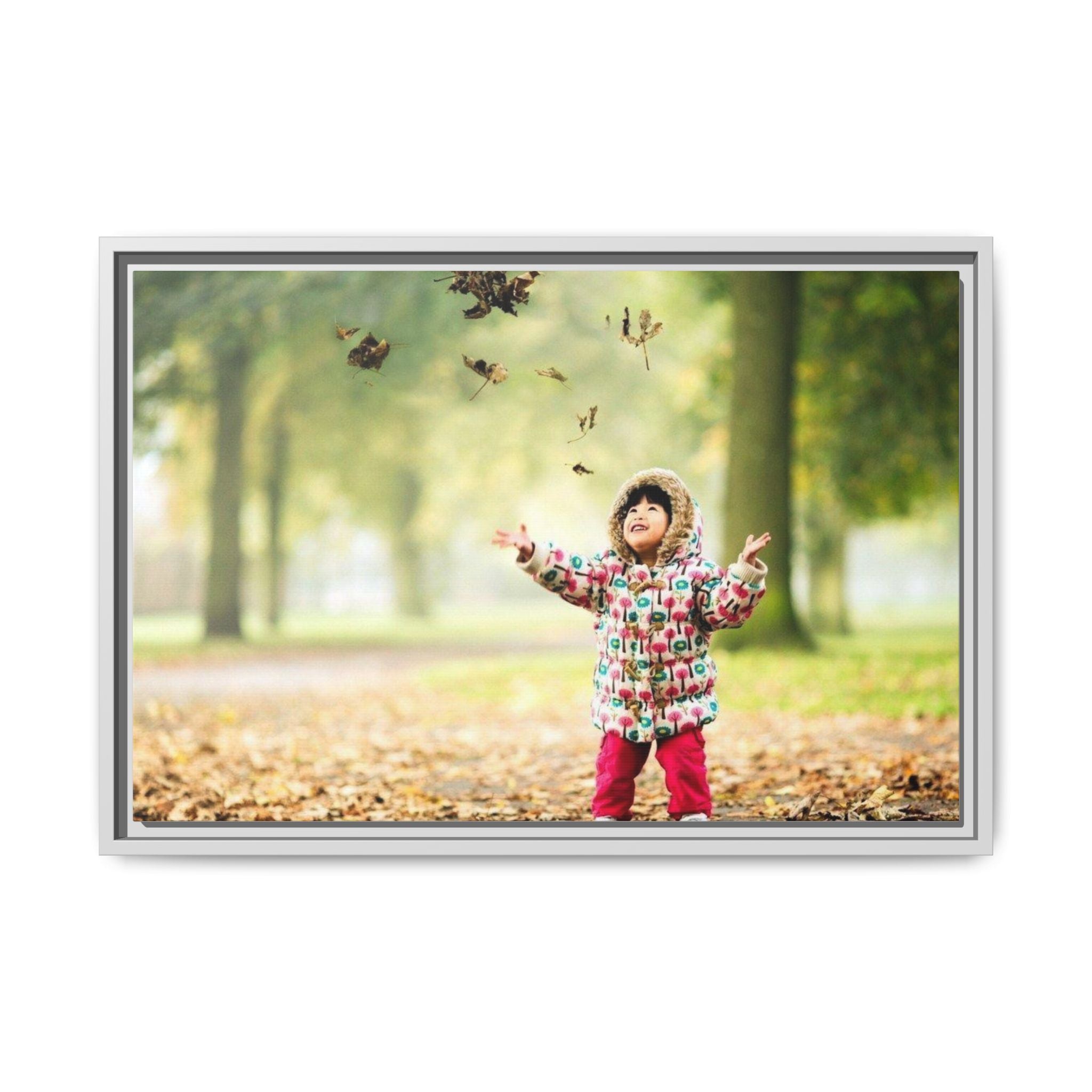 Framed Matte Canvas Photo Print — Autumn Child Playing in Leaves