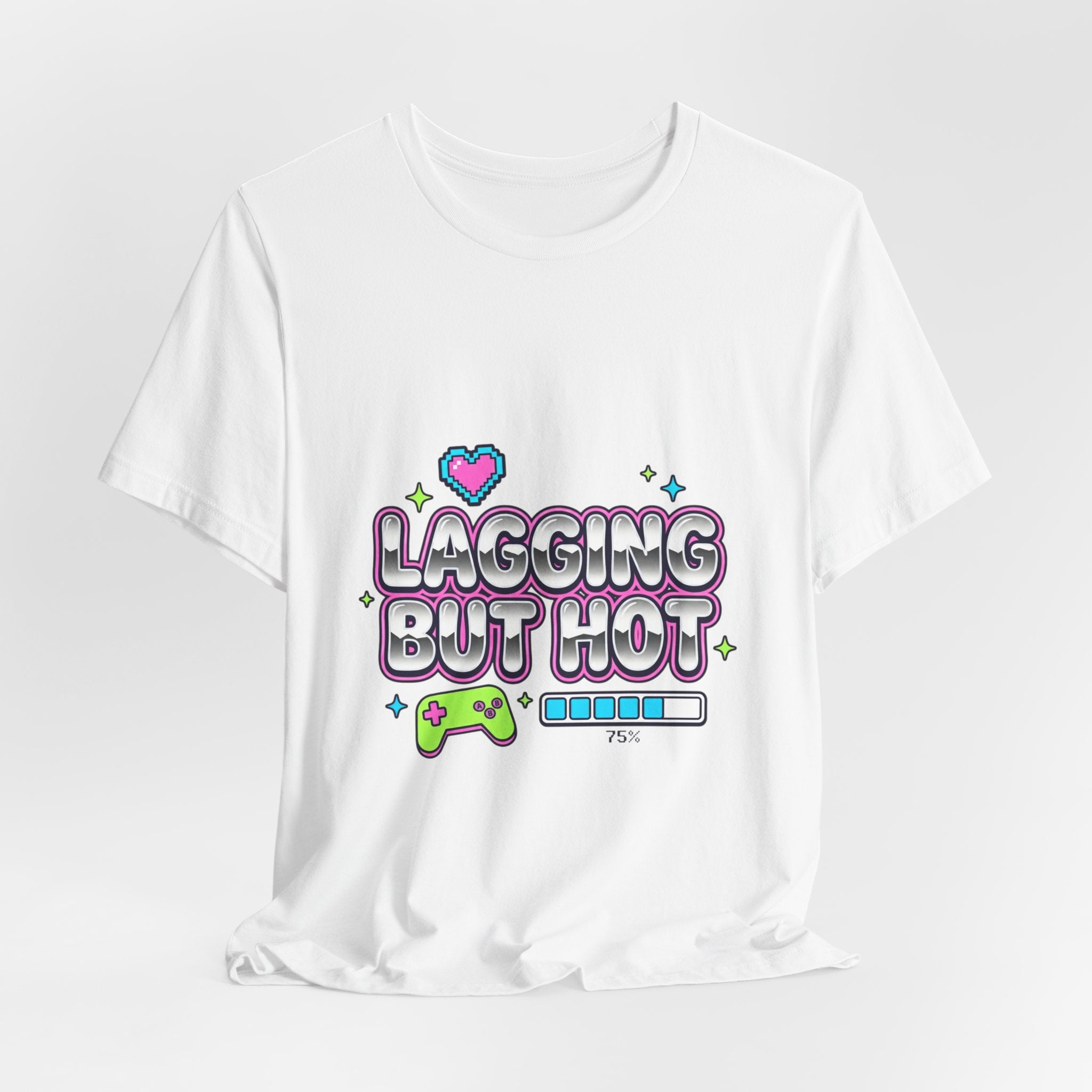 Lagging But Hot Tee | Y2K slogan, glitter type, hot pink cyber aesthetic
