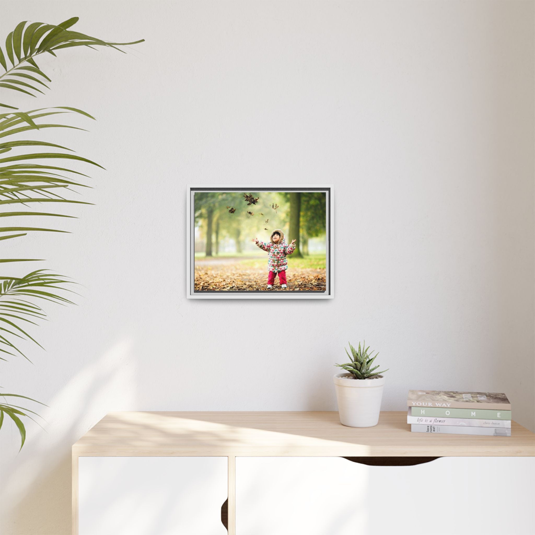Framed Matte Canvas Photo Print — Autumn Child Playing in Leaves