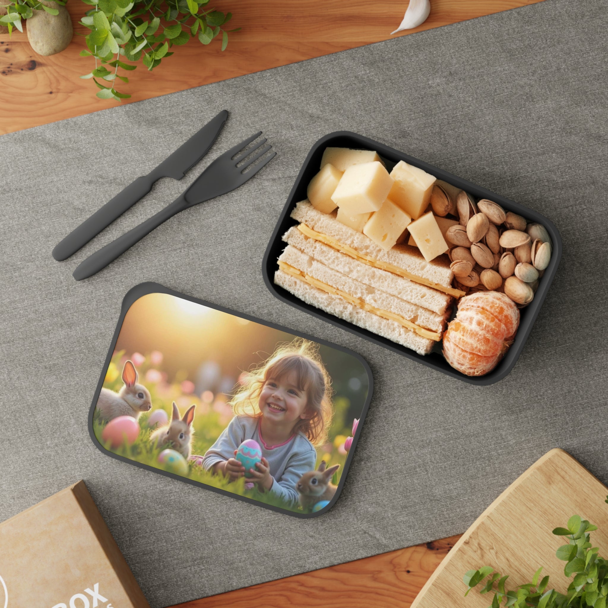 Easter Kids Bento Box — PLA Lunchbox with Utensil Band (Bunny & Eggs Design)