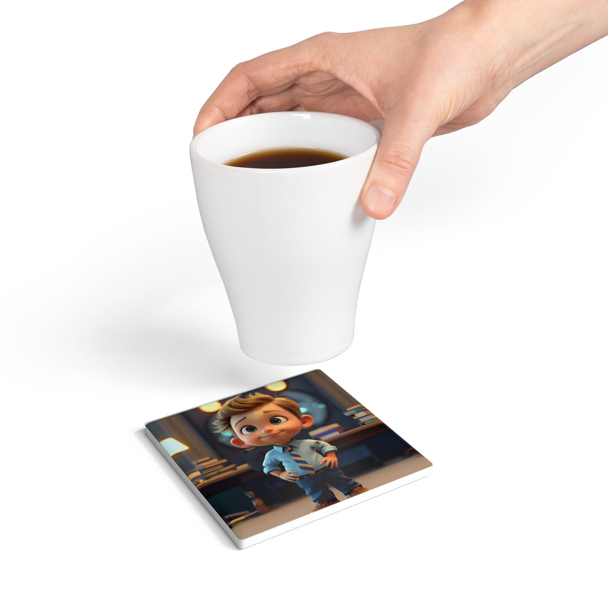 Kid Cartoon Boy Ceramic Coaster — Cute Office Desk Drink Mat