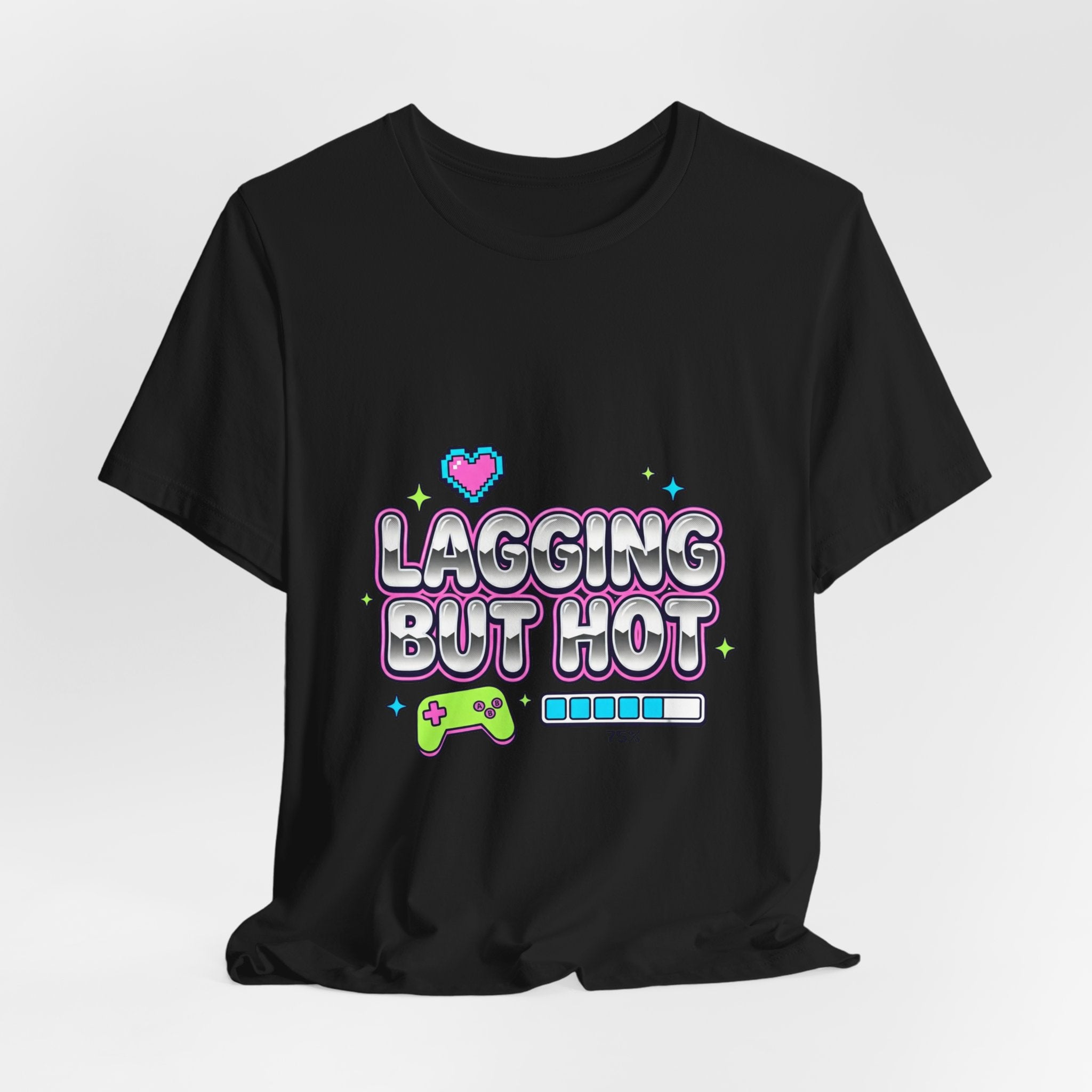 Lagging But Hot Tee | Y2K slogan, glitter type, hot pink cyber aesthetic