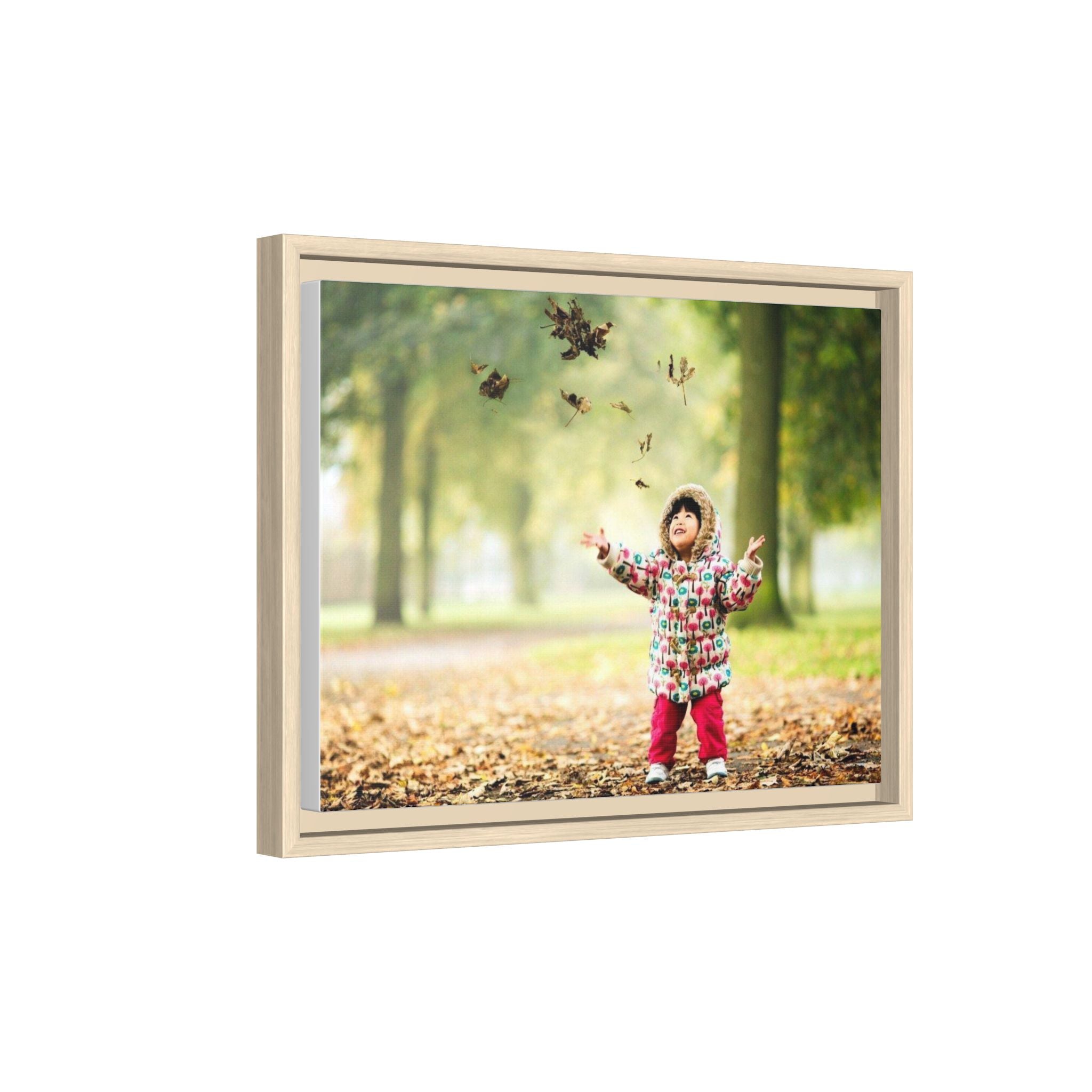 Framed Matte Canvas Photo Print — Autumn Child Playing in Leaves