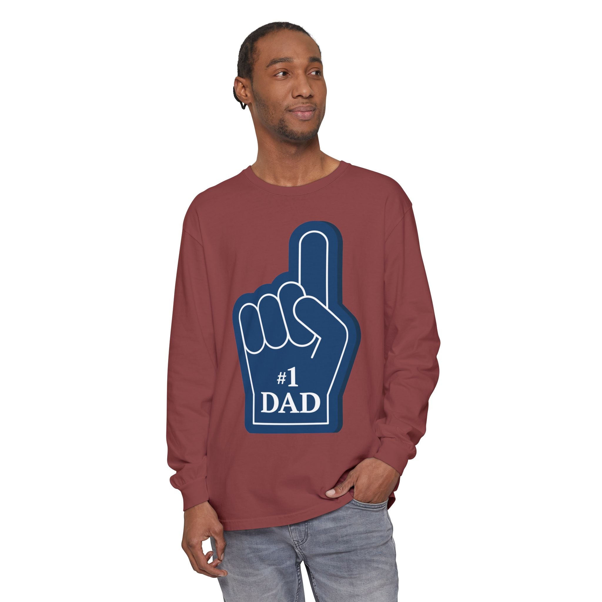 #1 Dad Foam Finger Long Sleeve Shirt — "Super Dad" Back Graphic