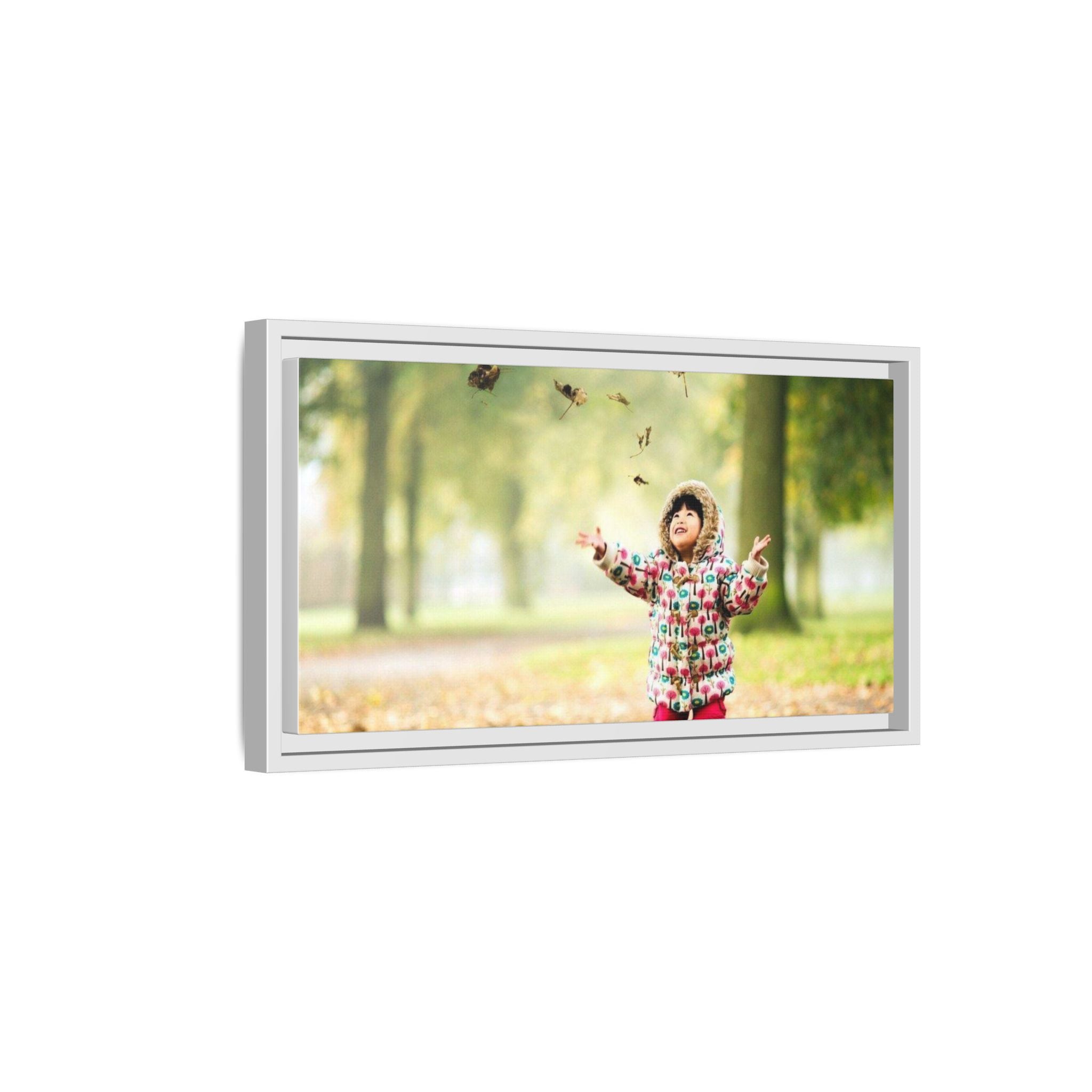 Framed Matte Canvas Photo Print — Autumn Child Playing in Leaves
