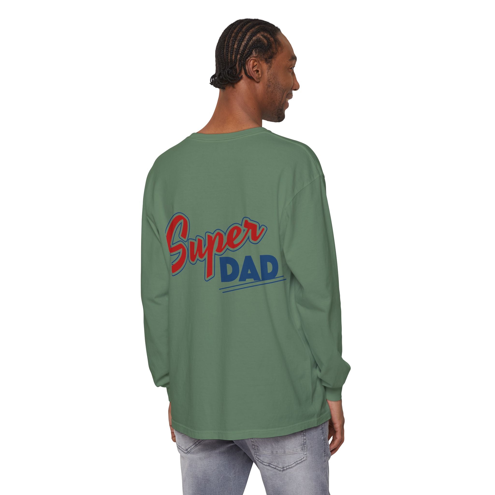 #1 Dad Foam Finger Long Sleeve Shirt — "Super Dad" Back Graphic