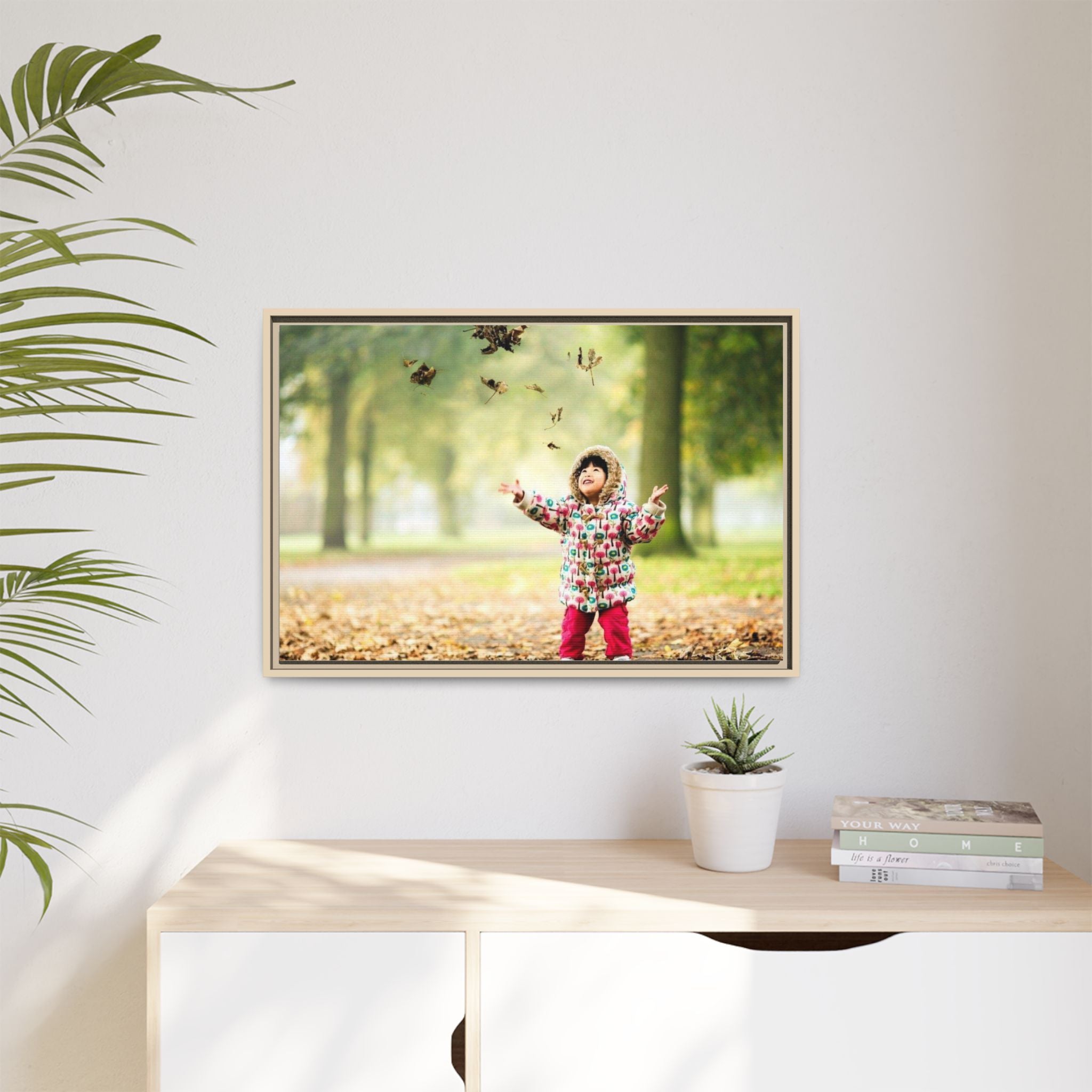 Framed Matte Canvas Photo Print — Autumn Child Playing in Leaves