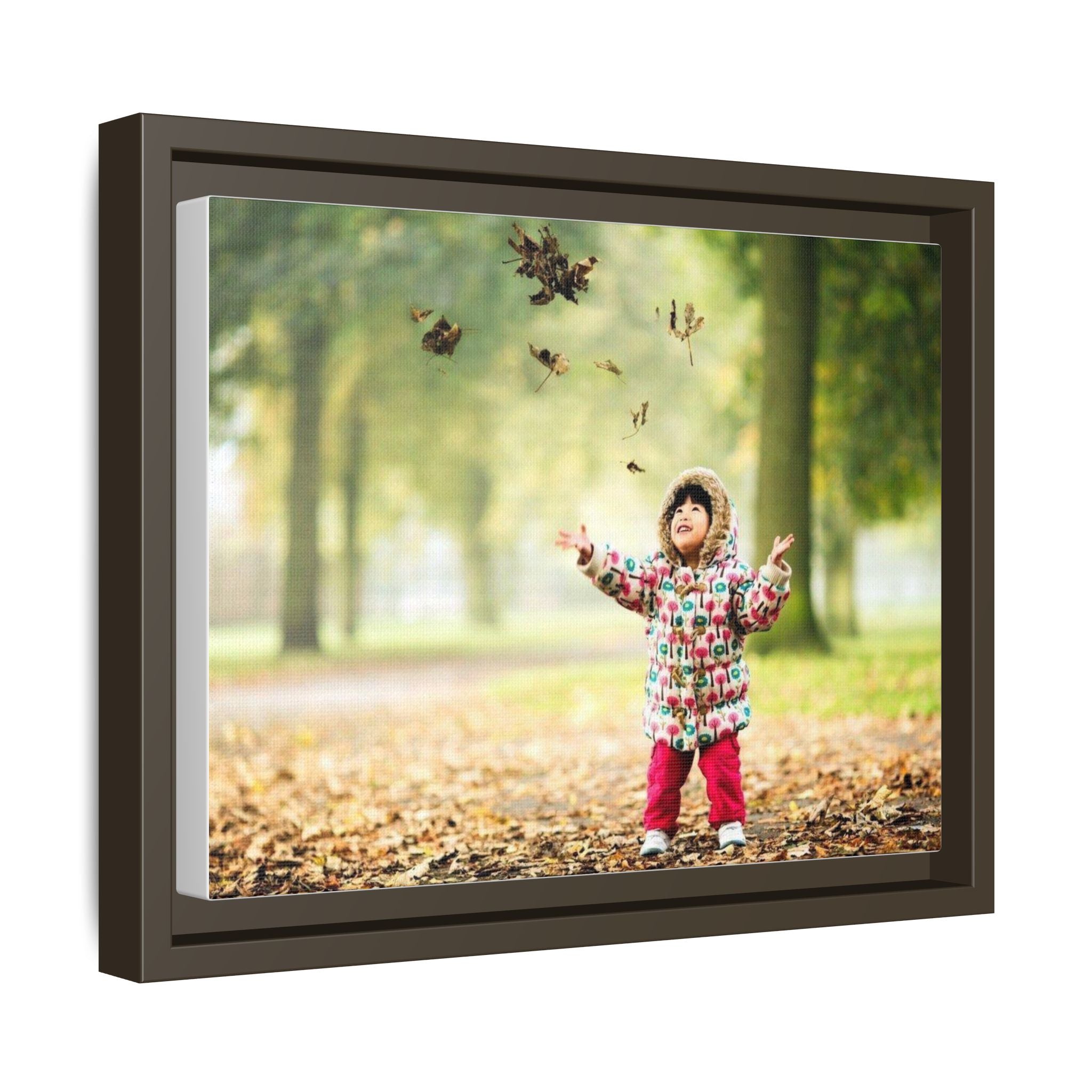 Framed Matte Canvas Photo Print — Autumn Child Playing in Leaves