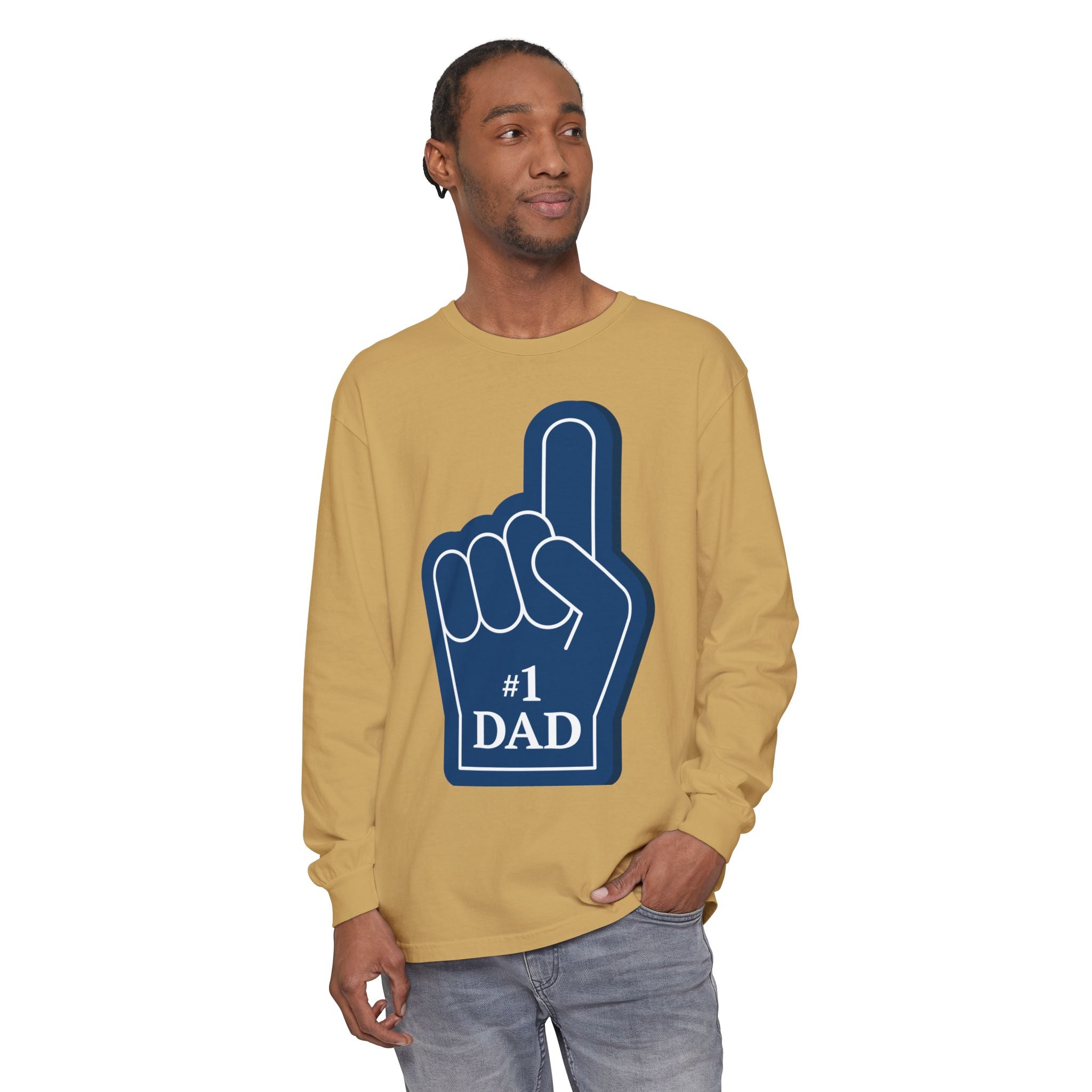 #1 Dad Foam Finger Long Sleeve Shirt — "Super Dad" Back Graphic