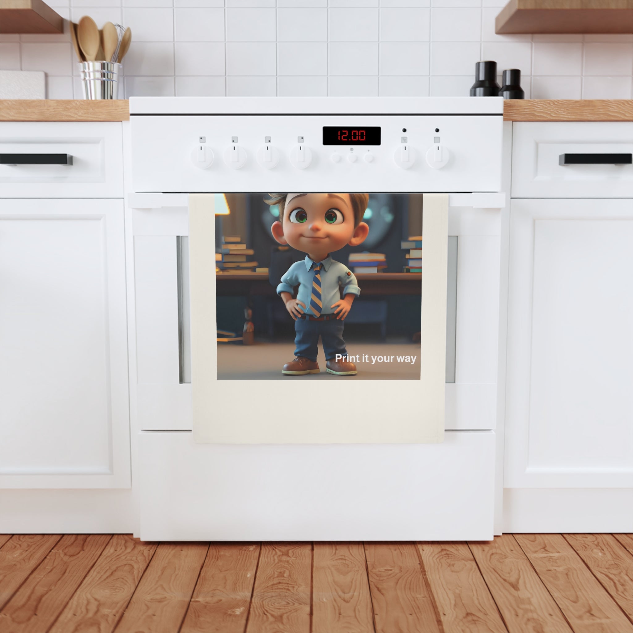 Cotton Tea Towel — Cute Little Boy Cartoon Kitchen Towel (Print It Your Way)