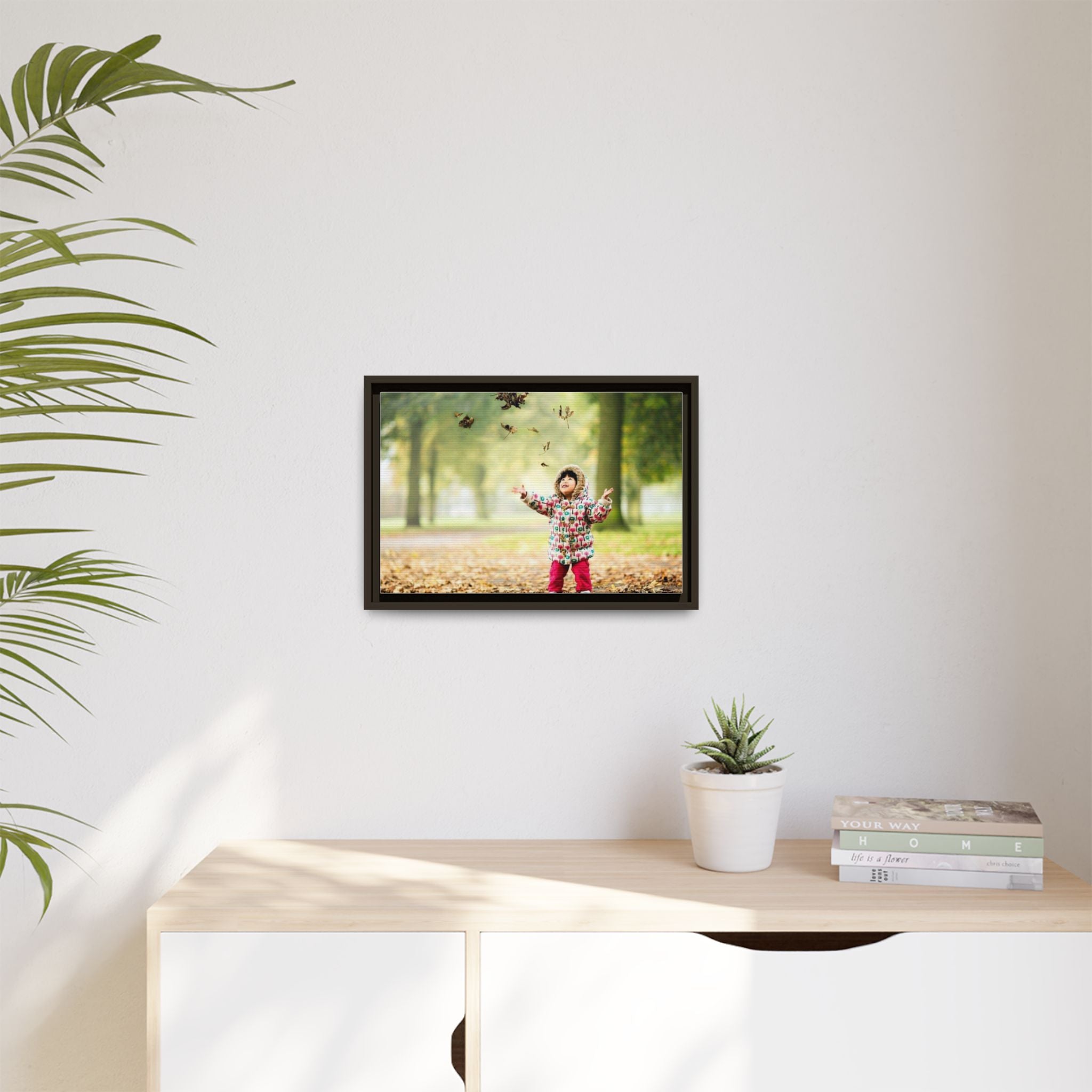 Framed Matte Canvas Photo Print — Autumn Child Playing in Leaves