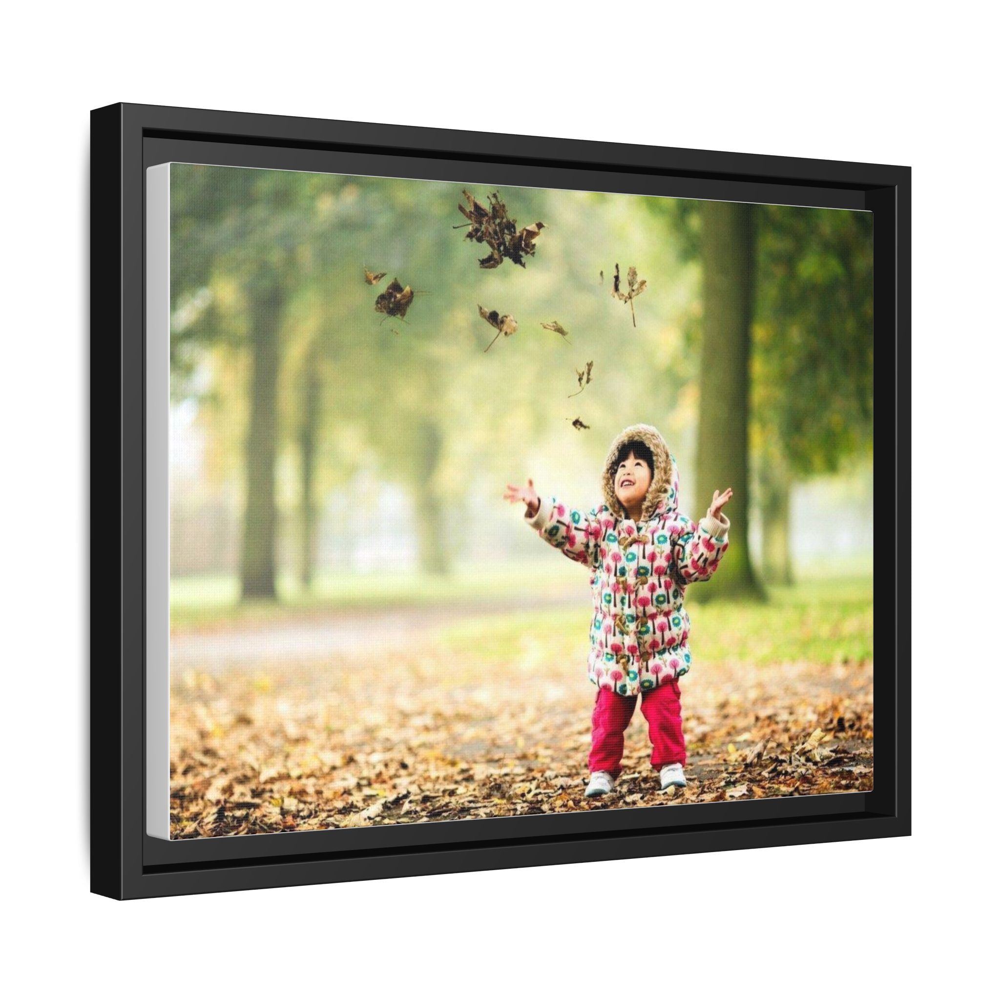 Framed Matte Canvas Photo Print — Autumn Child Playing in Leaves