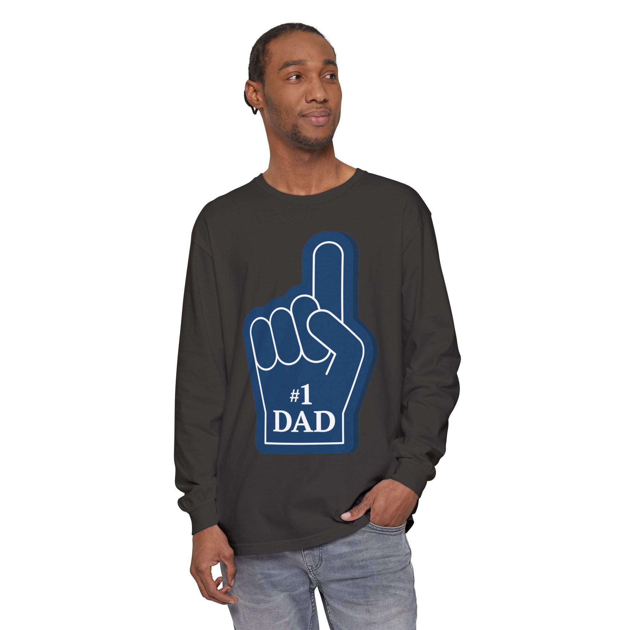 #1 Dad Foam Finger Long Sleeve Shirt — "Super Dad" Back Graphic