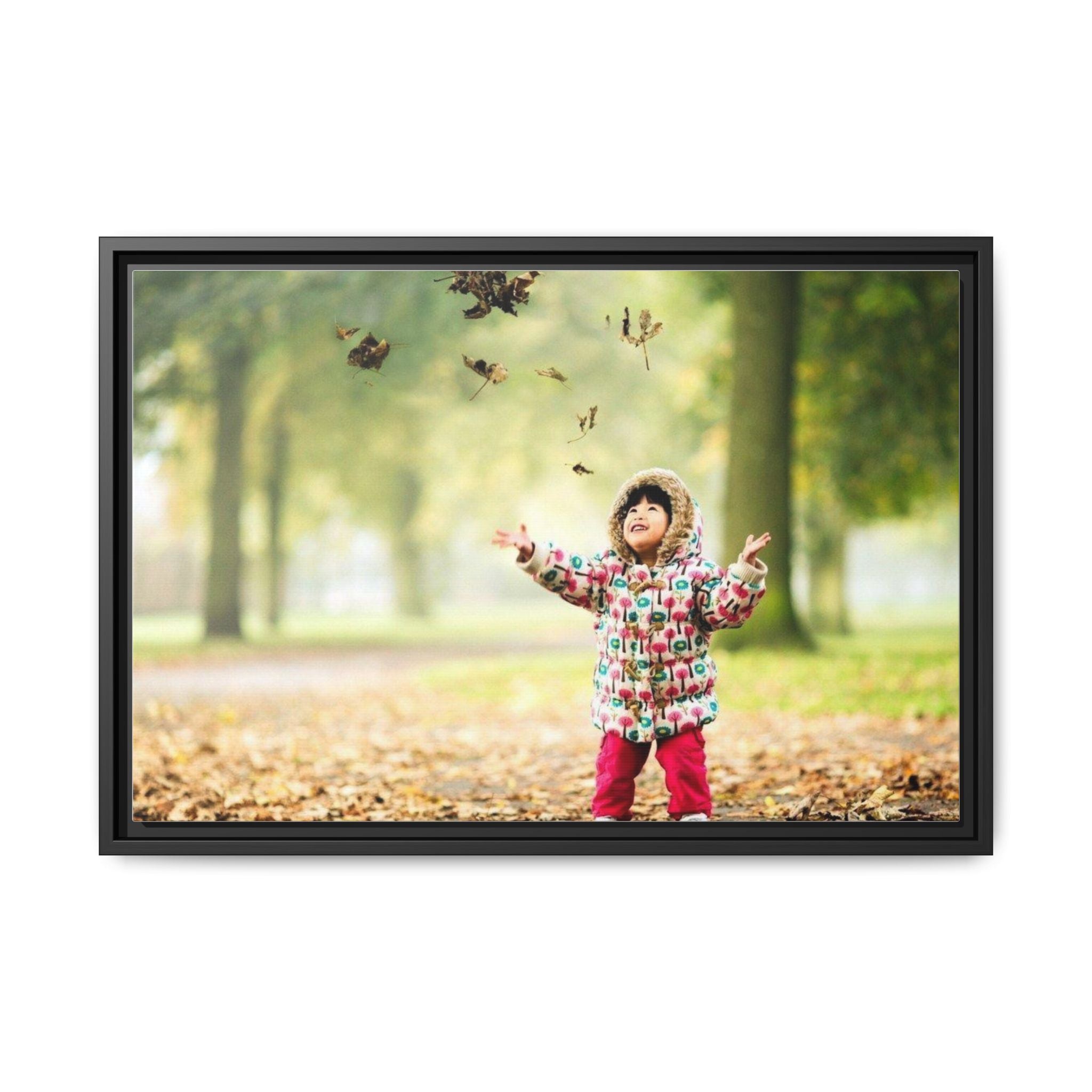 Framed Matte Canvas Photo Print — Autumn Child Playing in Leaves