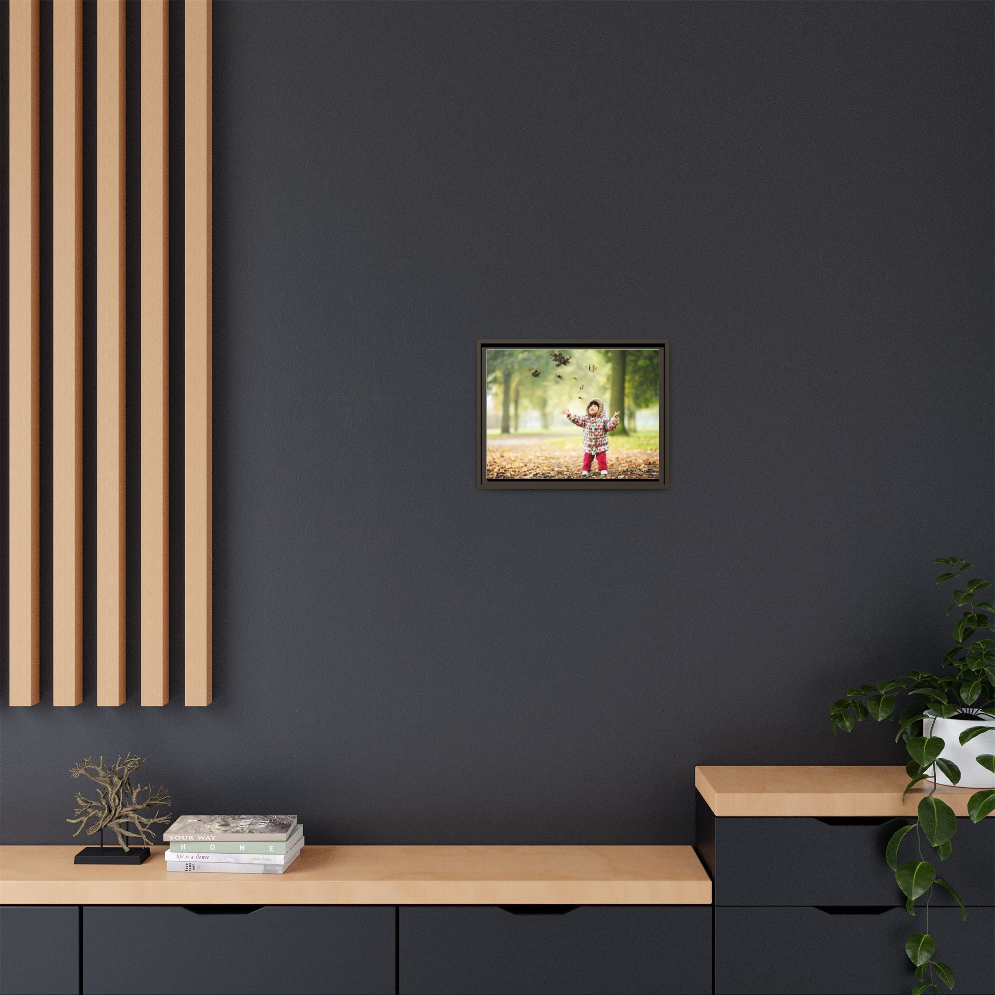 Framed Matte Canvas Photo Print — Autumn Child Playing in Leaves