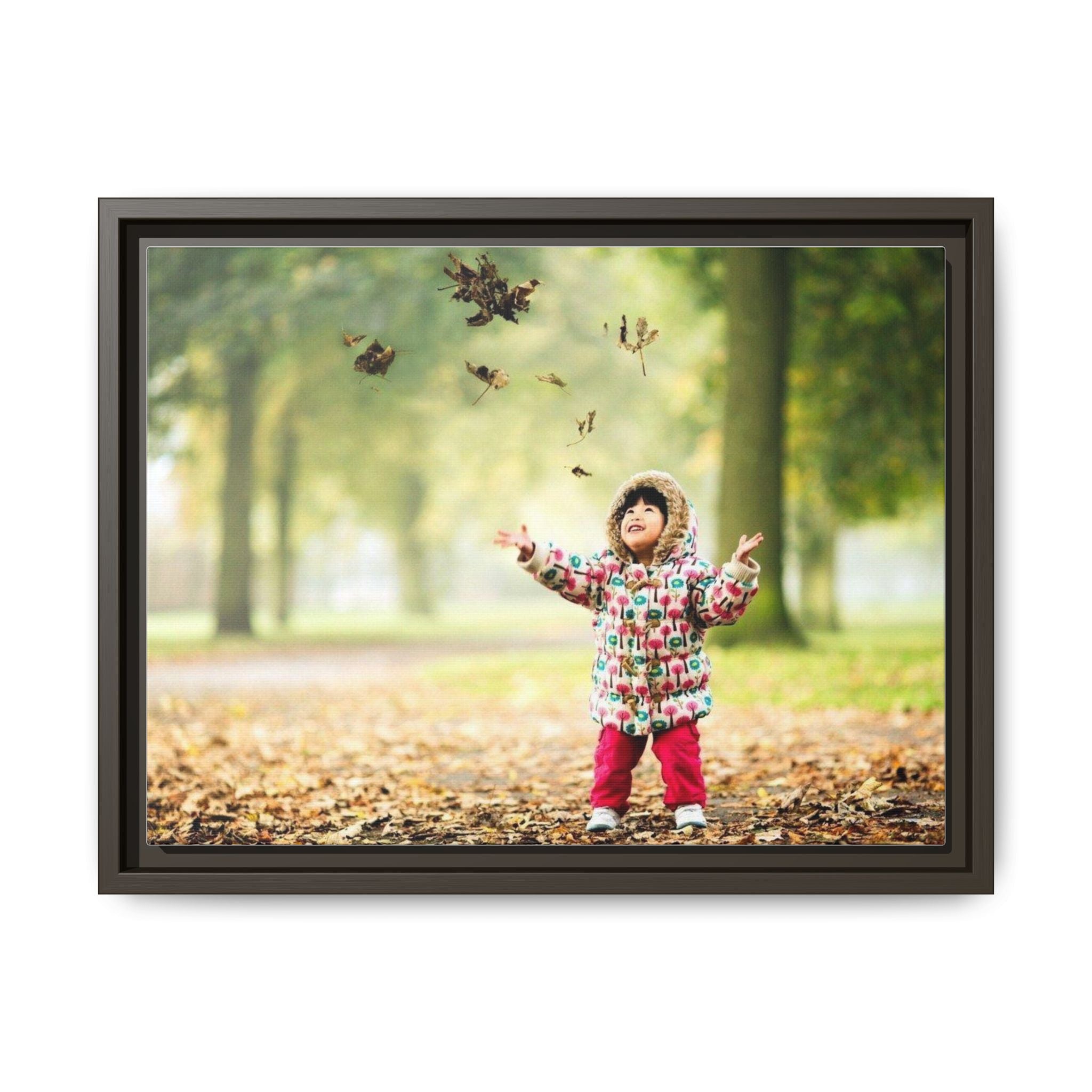 Framed Matte Canvas Photo Print — Autumn Child Playing in Leaves