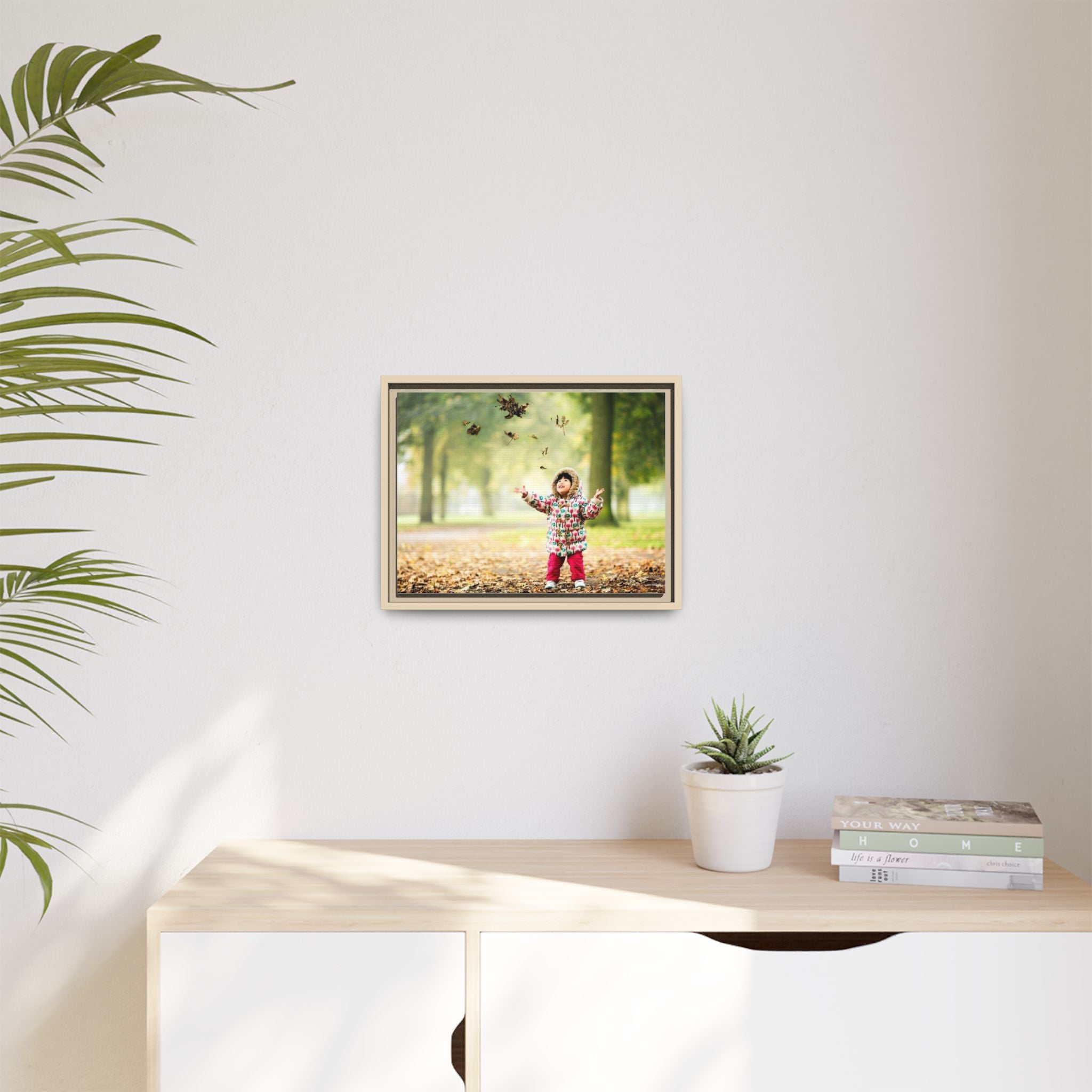 Framed Matte Canvas Photo Print — Autumn Child Playing in Leaves