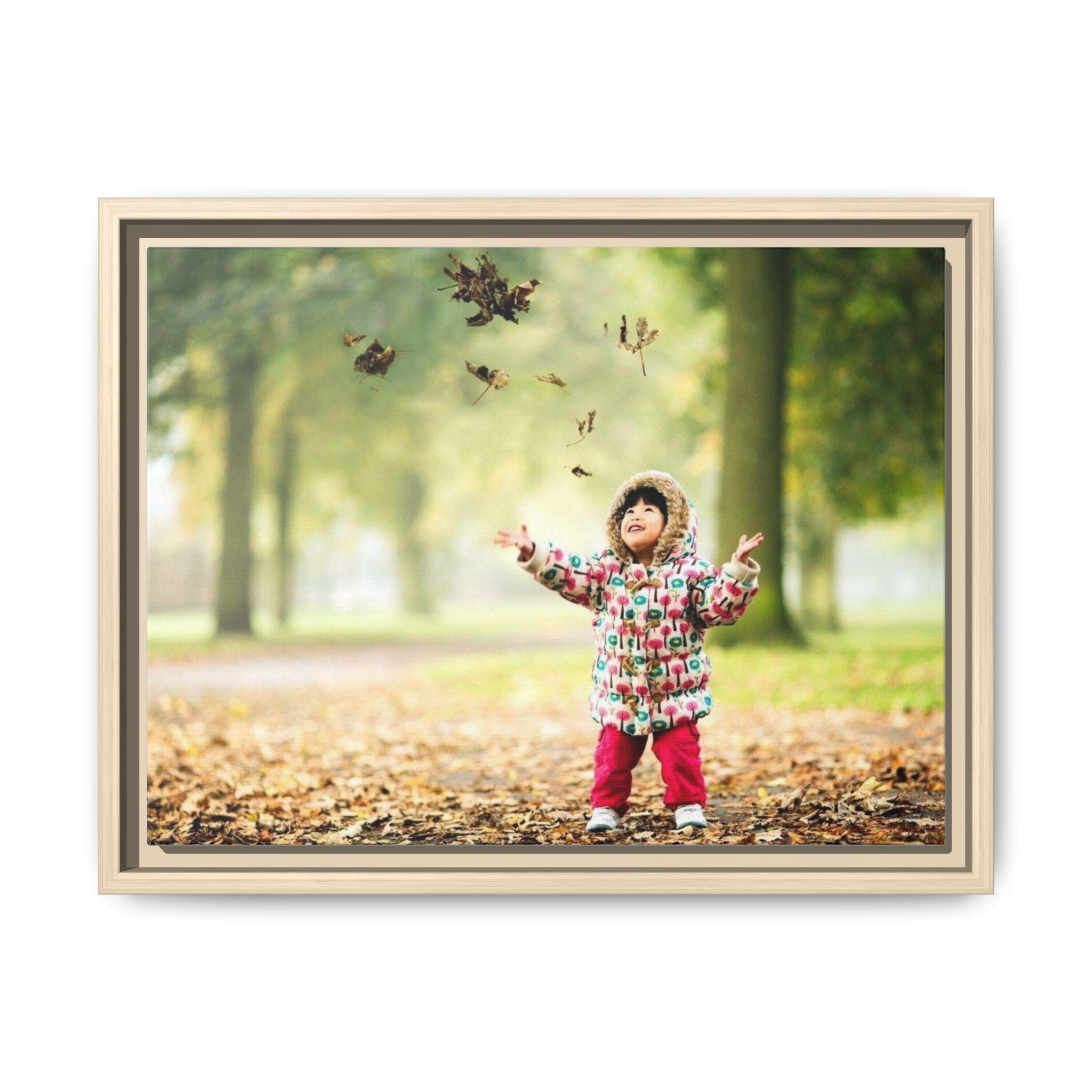 Framed Matte Canvas Photo Print — Autumn Child Playing in Leaves