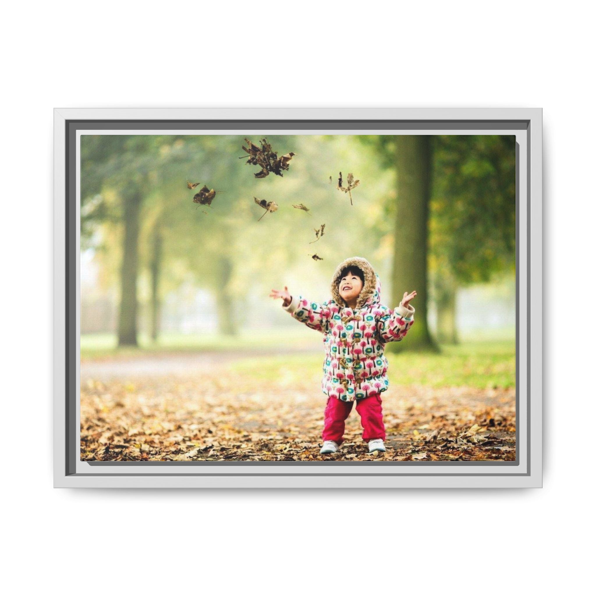 Framed Matte Canvas Photo Print — Autumn Child Playing in Leaves