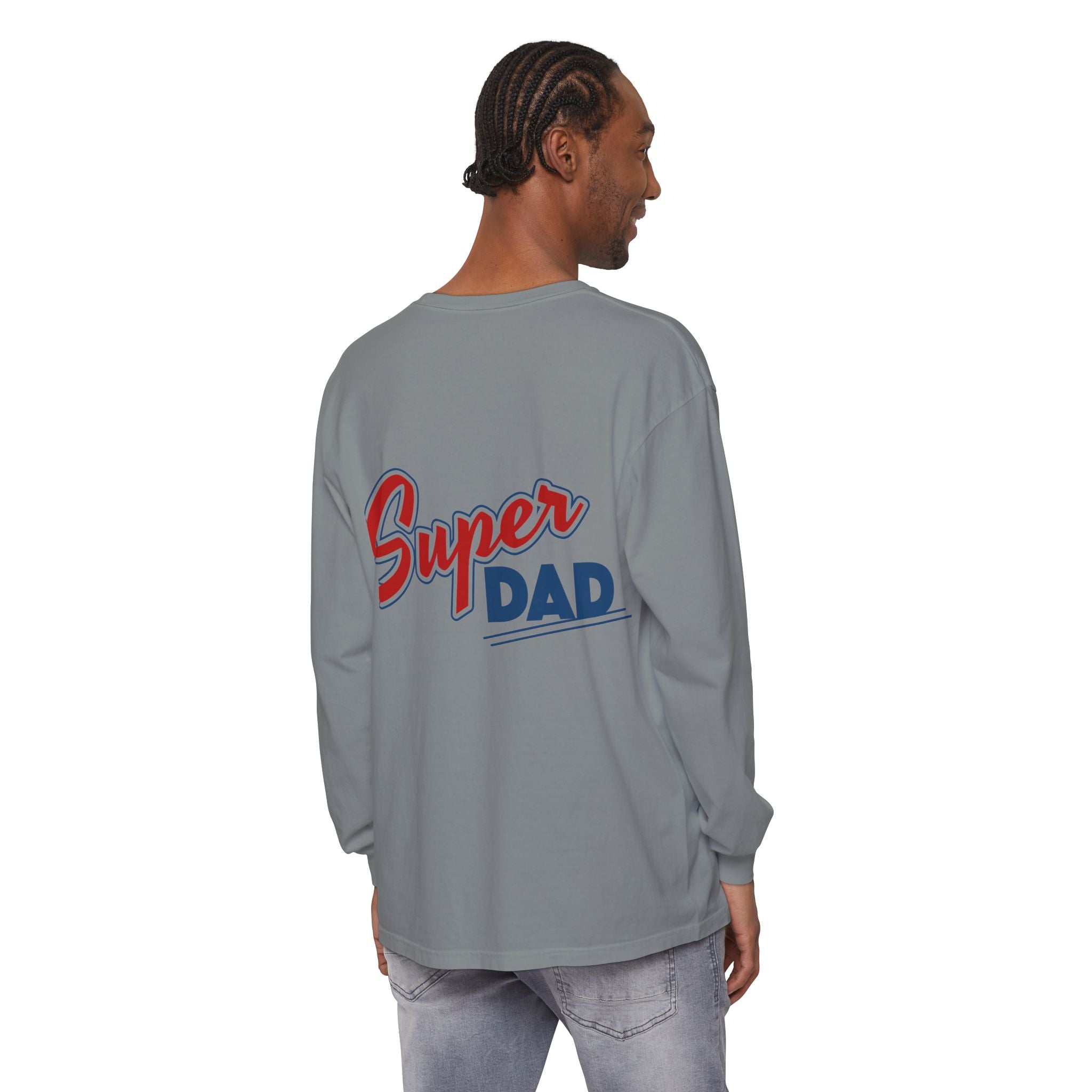 #1 Dad Foam Finger Long Sleeve Shirt — "Super Dad" Back Graphic