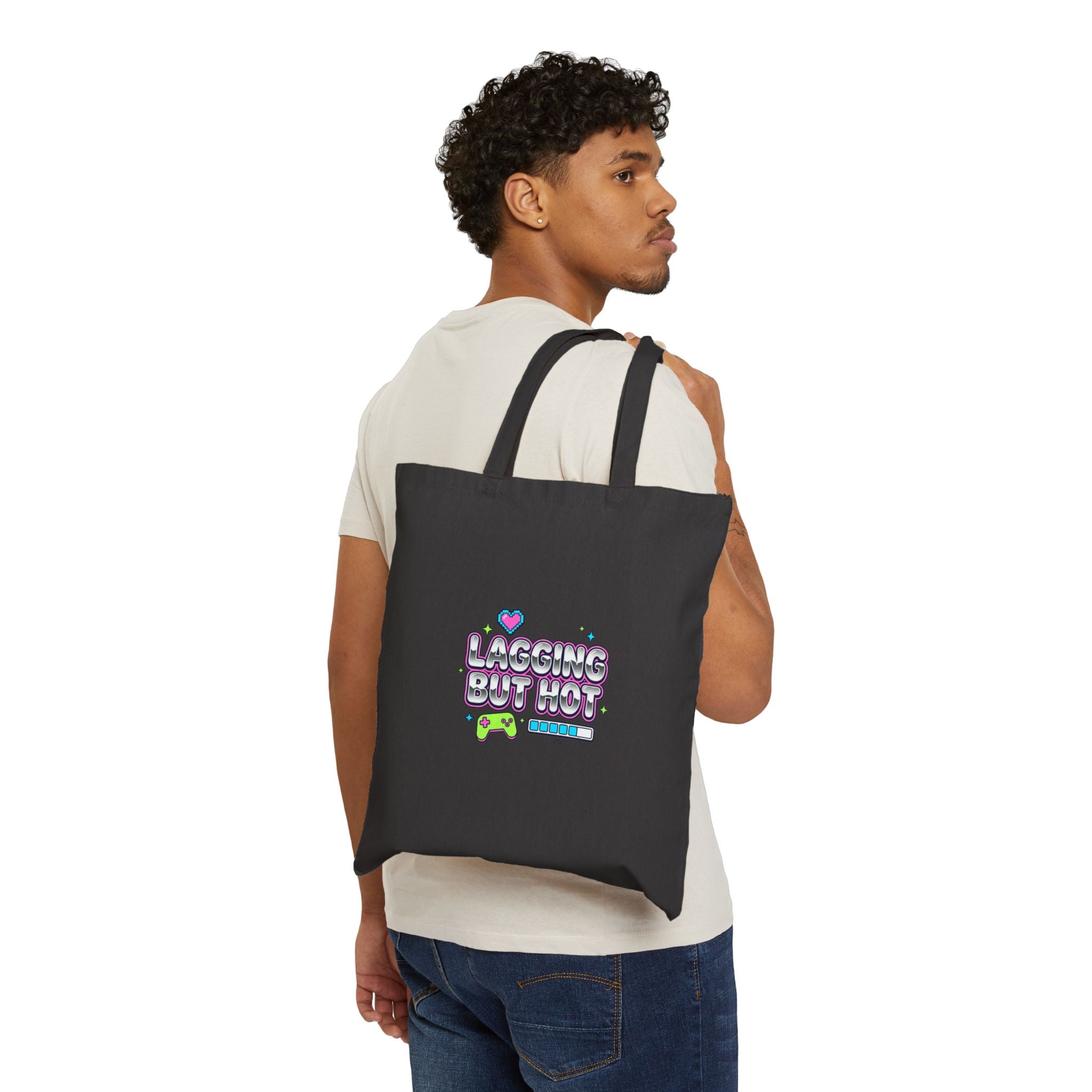 Lagging But Hot Tote | Y2K slogan, hot pink cyber glitter style